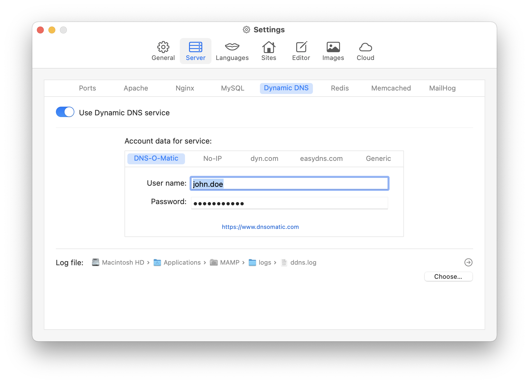 MAMP PRO - Settings - Server - Dynamic DNS