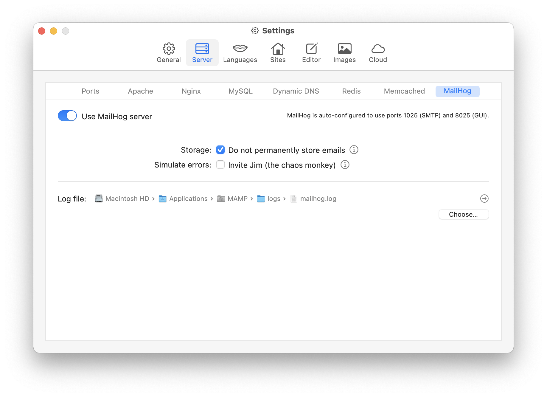 MAMP PRO - Settings - Server - MailHog