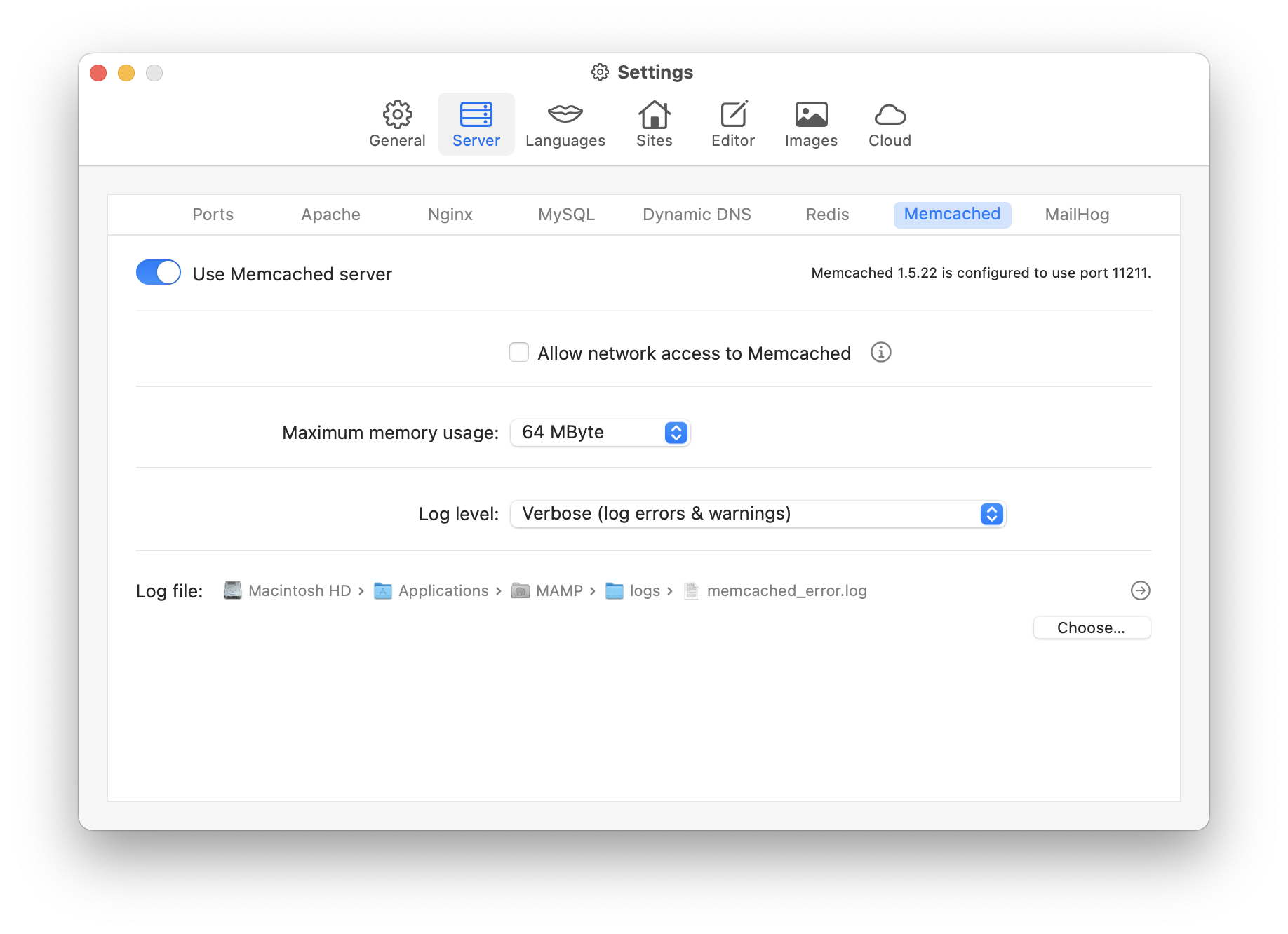 MAMP PRO - Settings - Server - Memcached