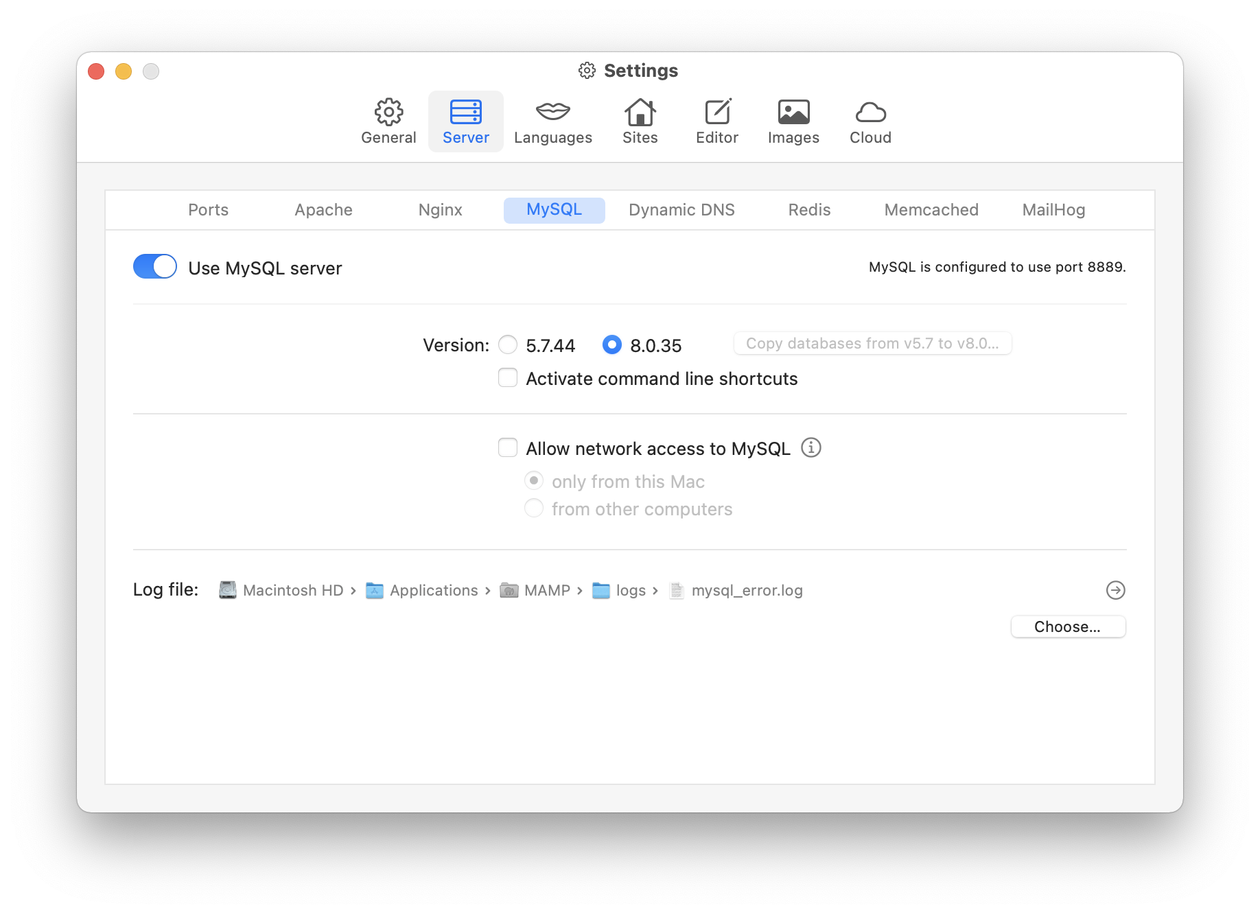 MAMP PRO - Settings - Server - MySQL