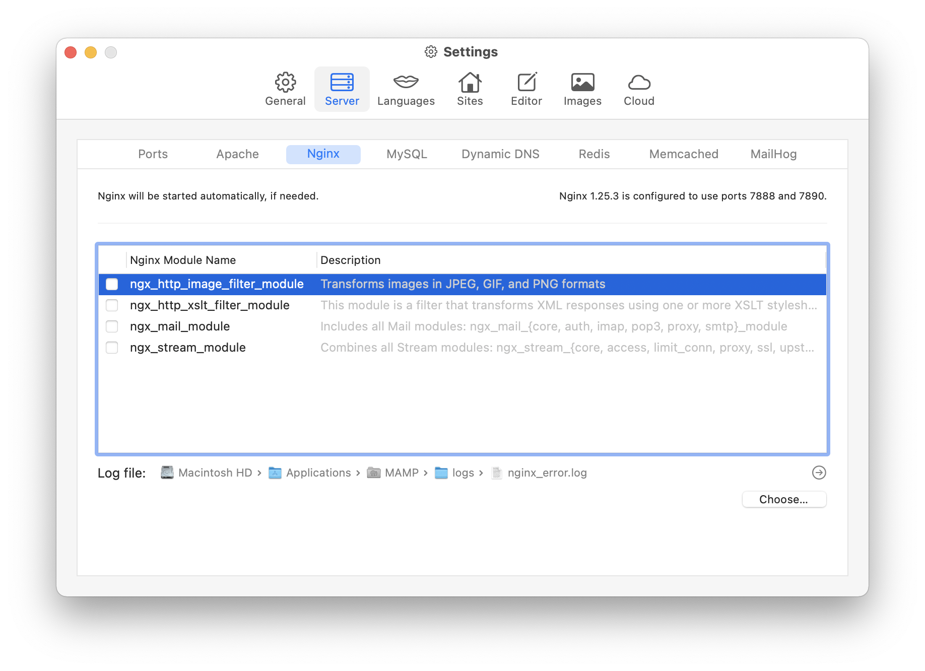 MAMP PRO - Settings - Server - Nginx