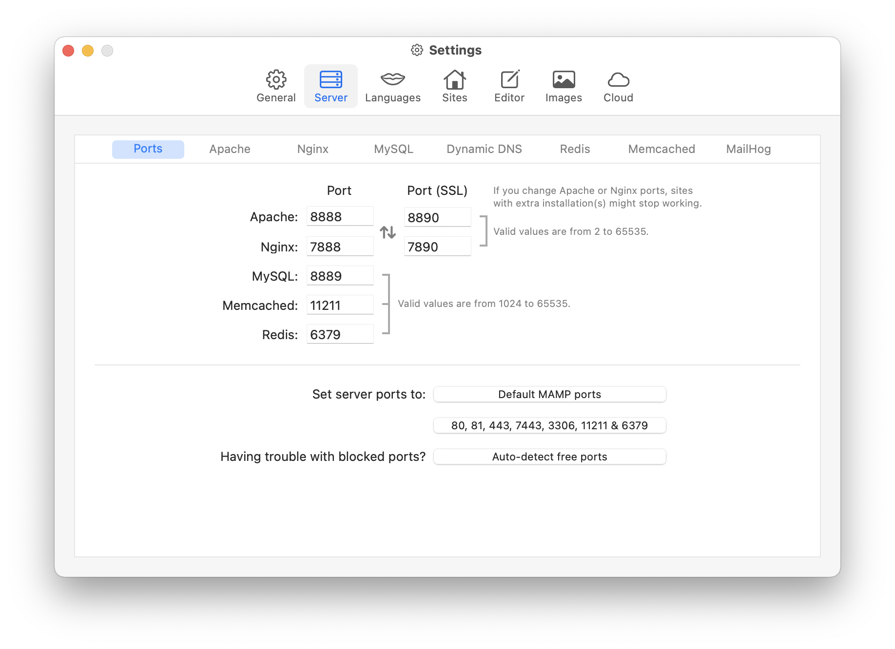 MAMP PRO - Settings - Server - Ports