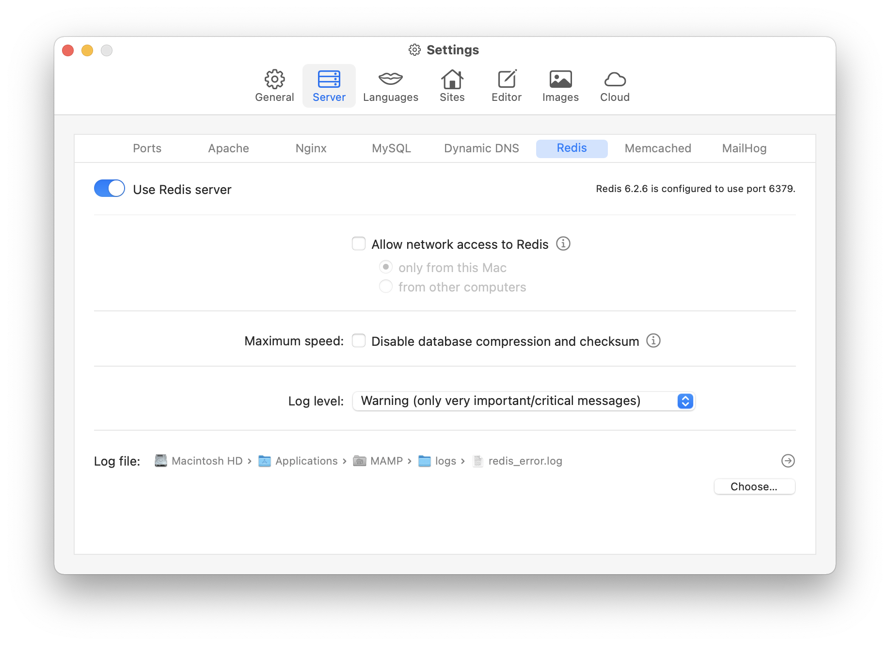 MAMP PRO - Settings - Server - Redis