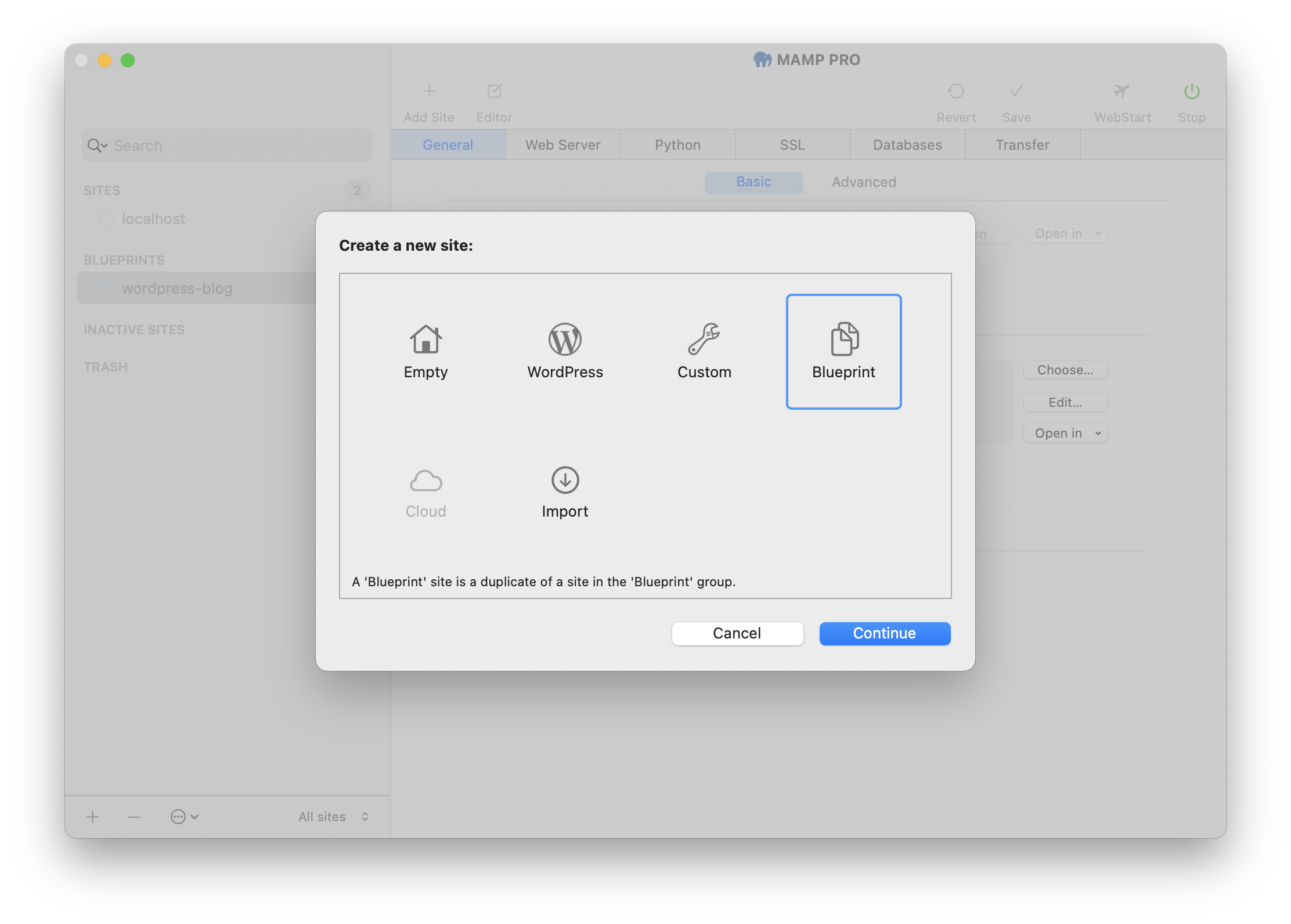 MAMP PRO - Create a new Blueprint site
