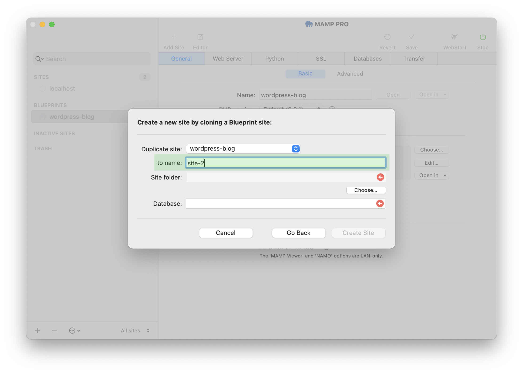 MAMP PRO - Create a new Blueprint site - Name of new site