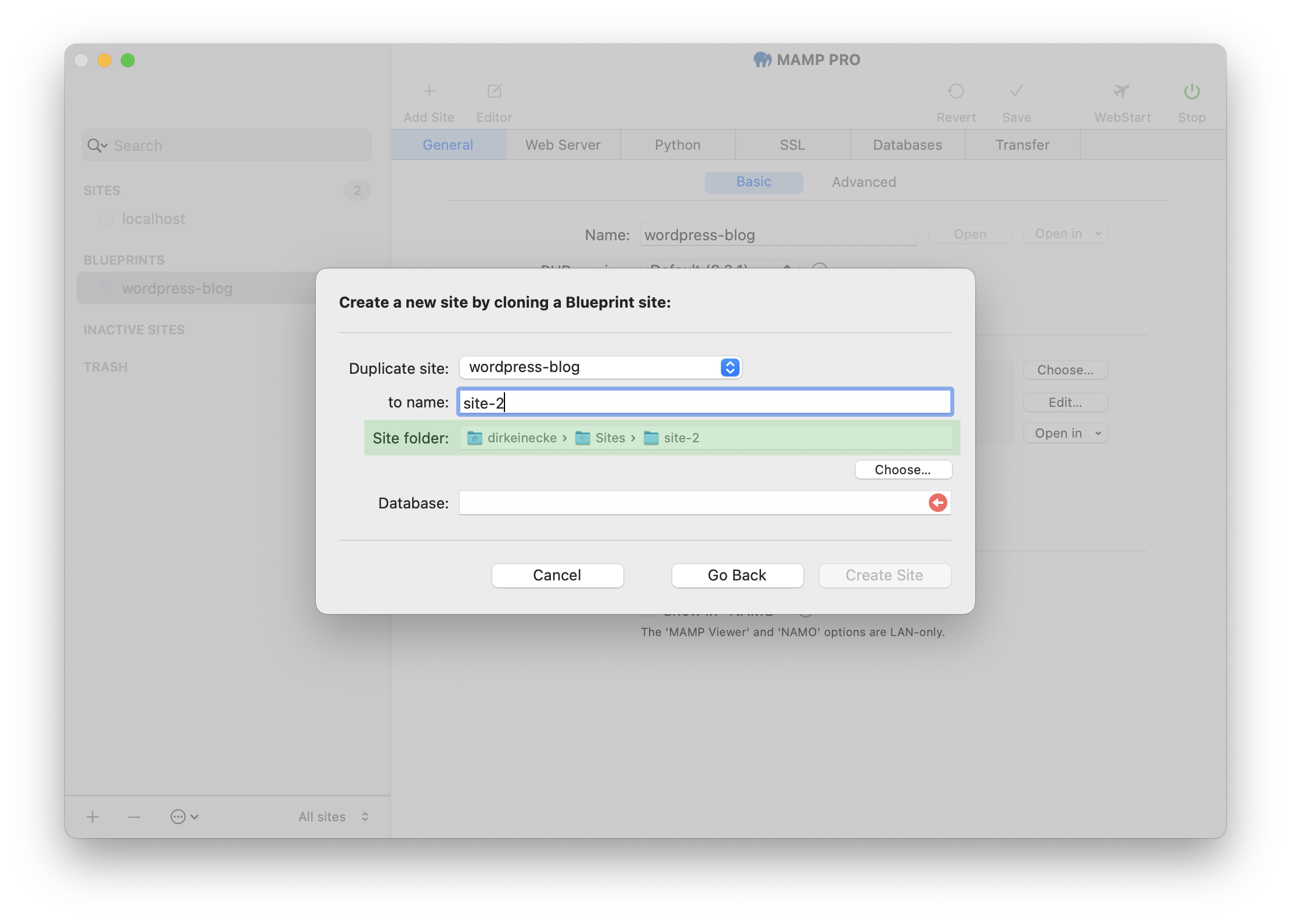 MAMP PRO - Create a new Blueprint site - Select site folder