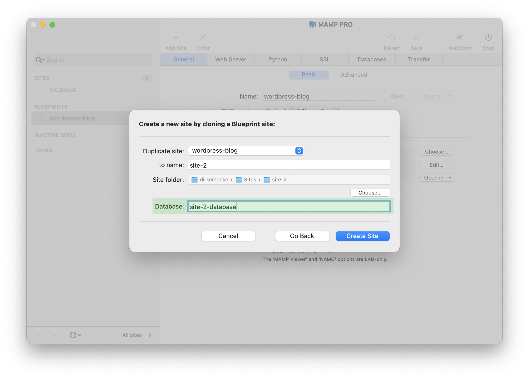 MAMP PRO - Create a new Blueprint site - Database name