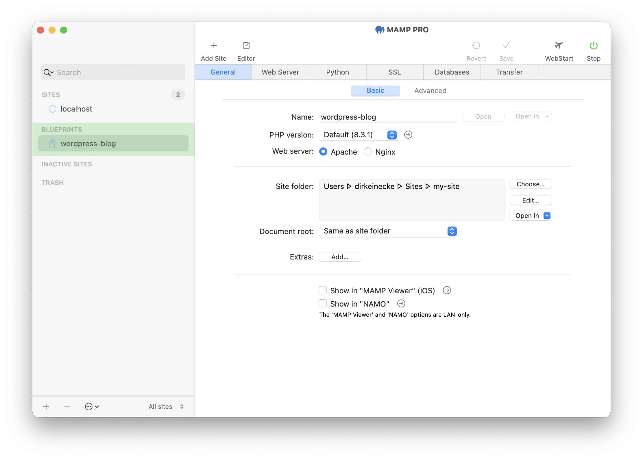 MAMP PRO - Create a new Blueprint site - Requirement