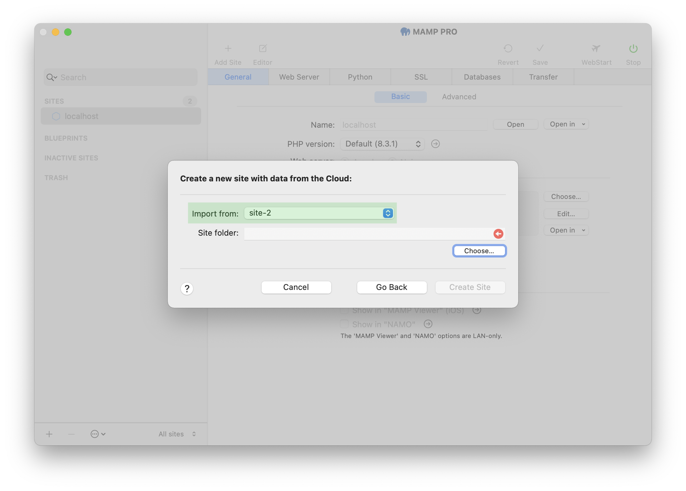 MAMP PRO - Create a new Cloud site - Select Cloud data