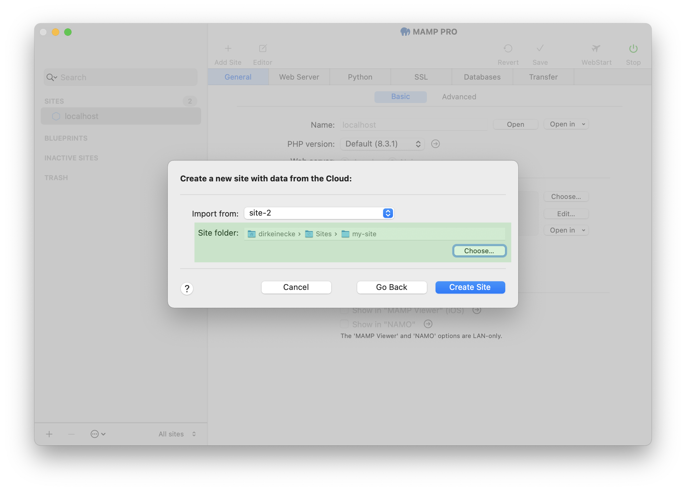 MAMP PRO - Create a new Cloud site - Select site folder
