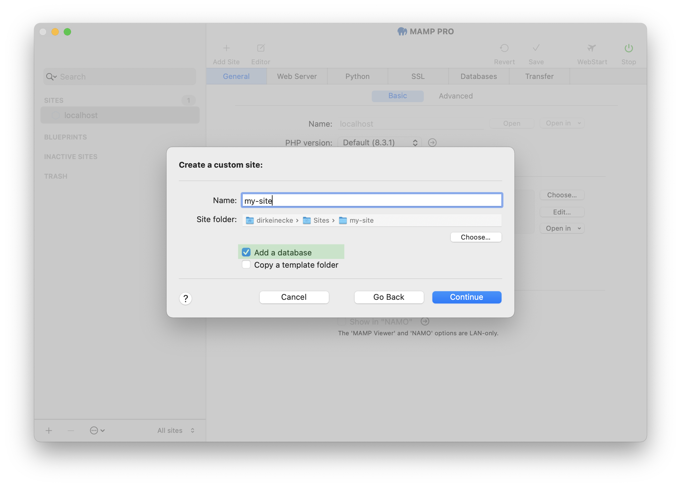 MAMP PRO - Create a new custom site - Add a database