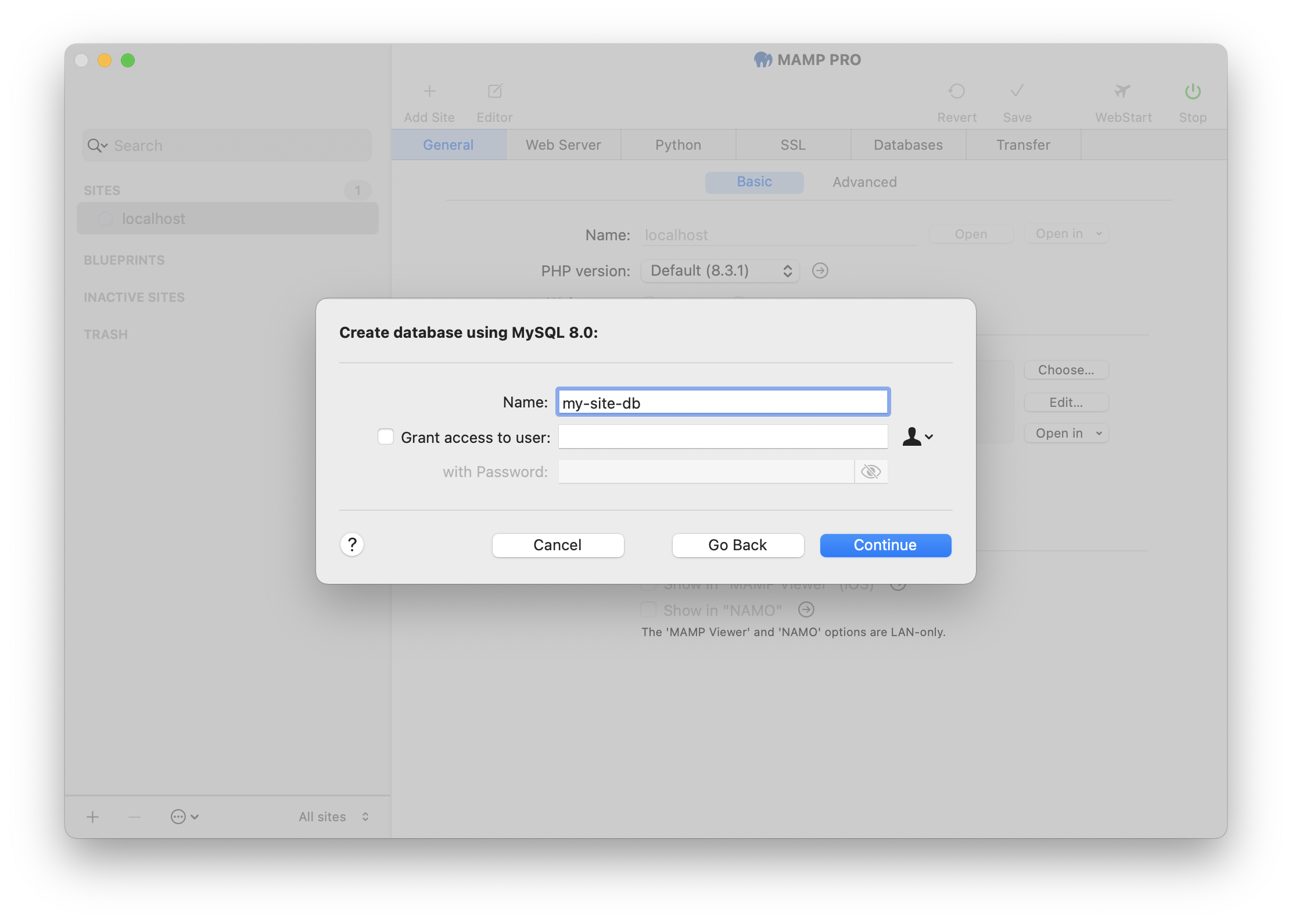 MAMP PRO - Create a new custom site - Database