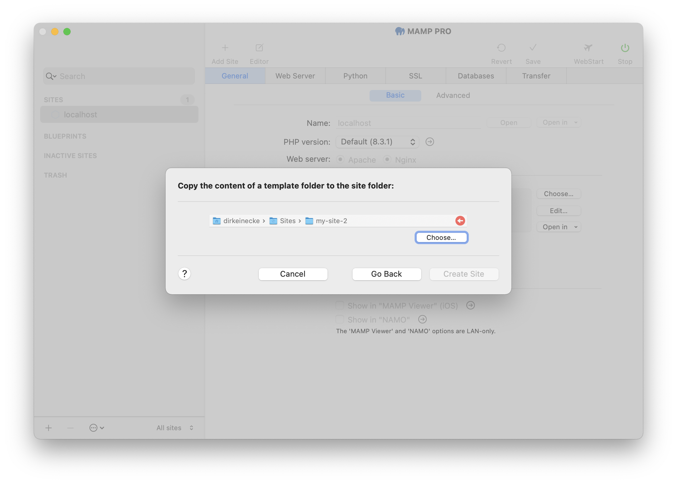 MAMP PRO - Create a new custom site - Select template folder