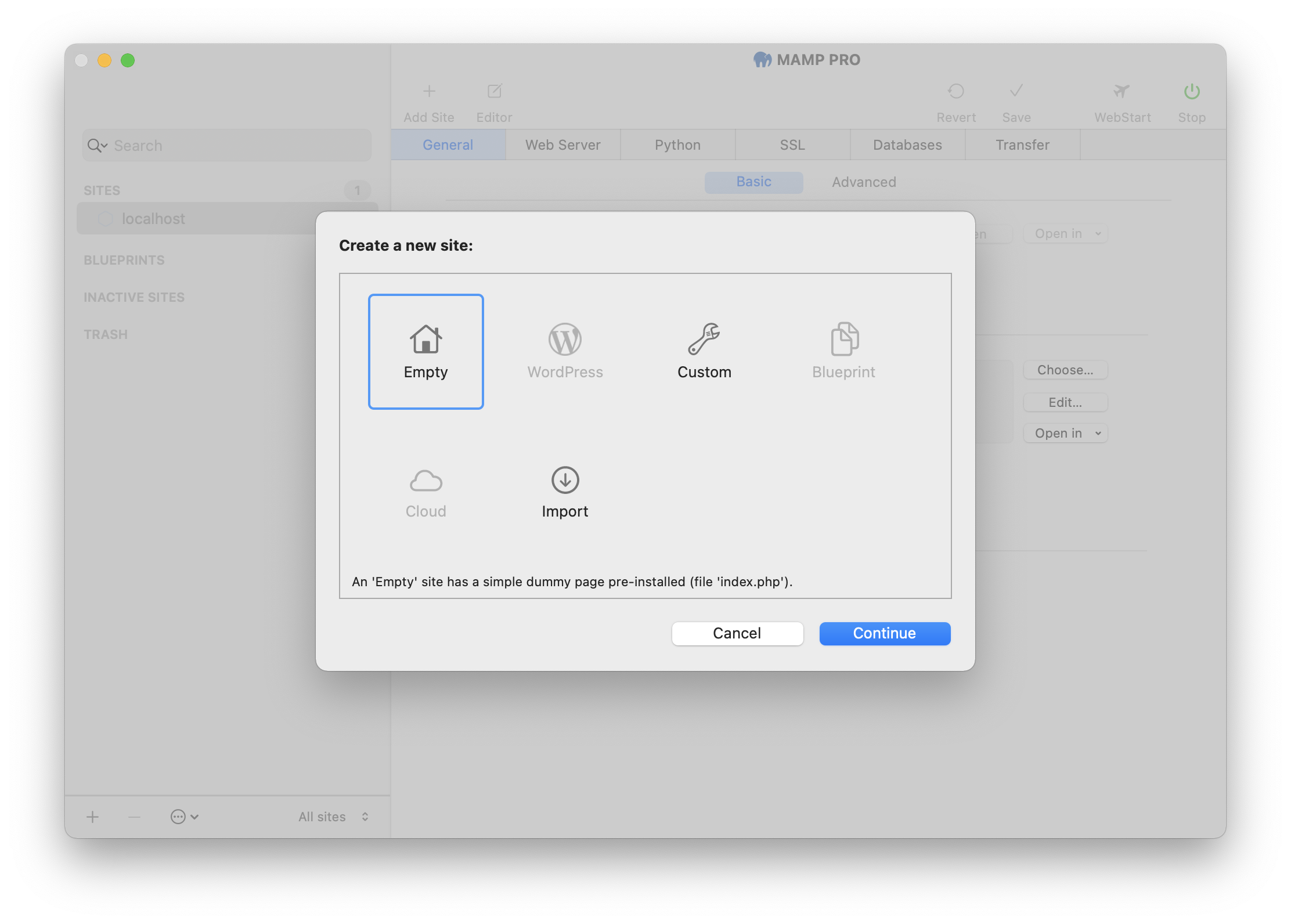 MAMP PRO - Create a new empty site