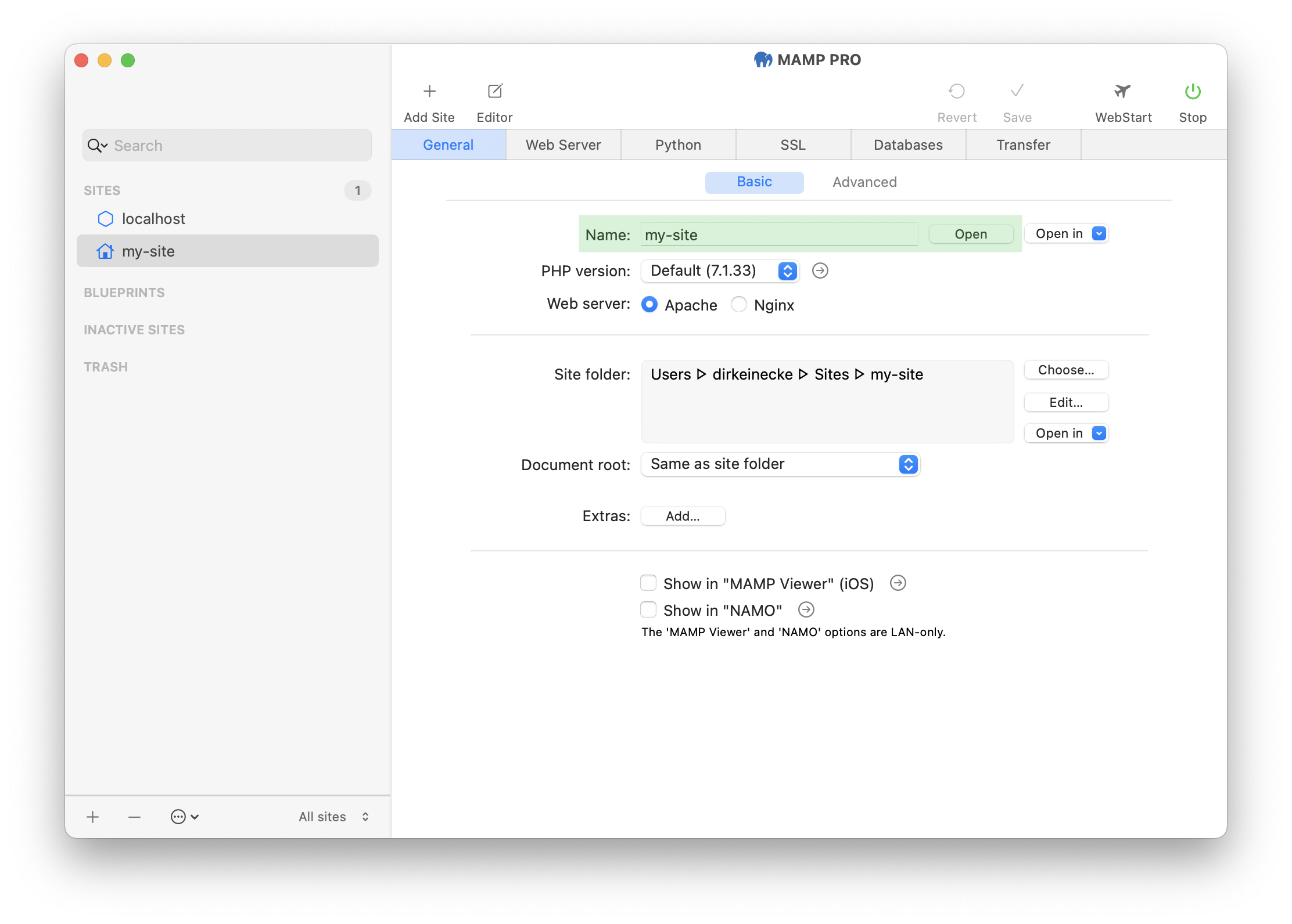 MAMP PRO - Create a new custom site - Open site in browser