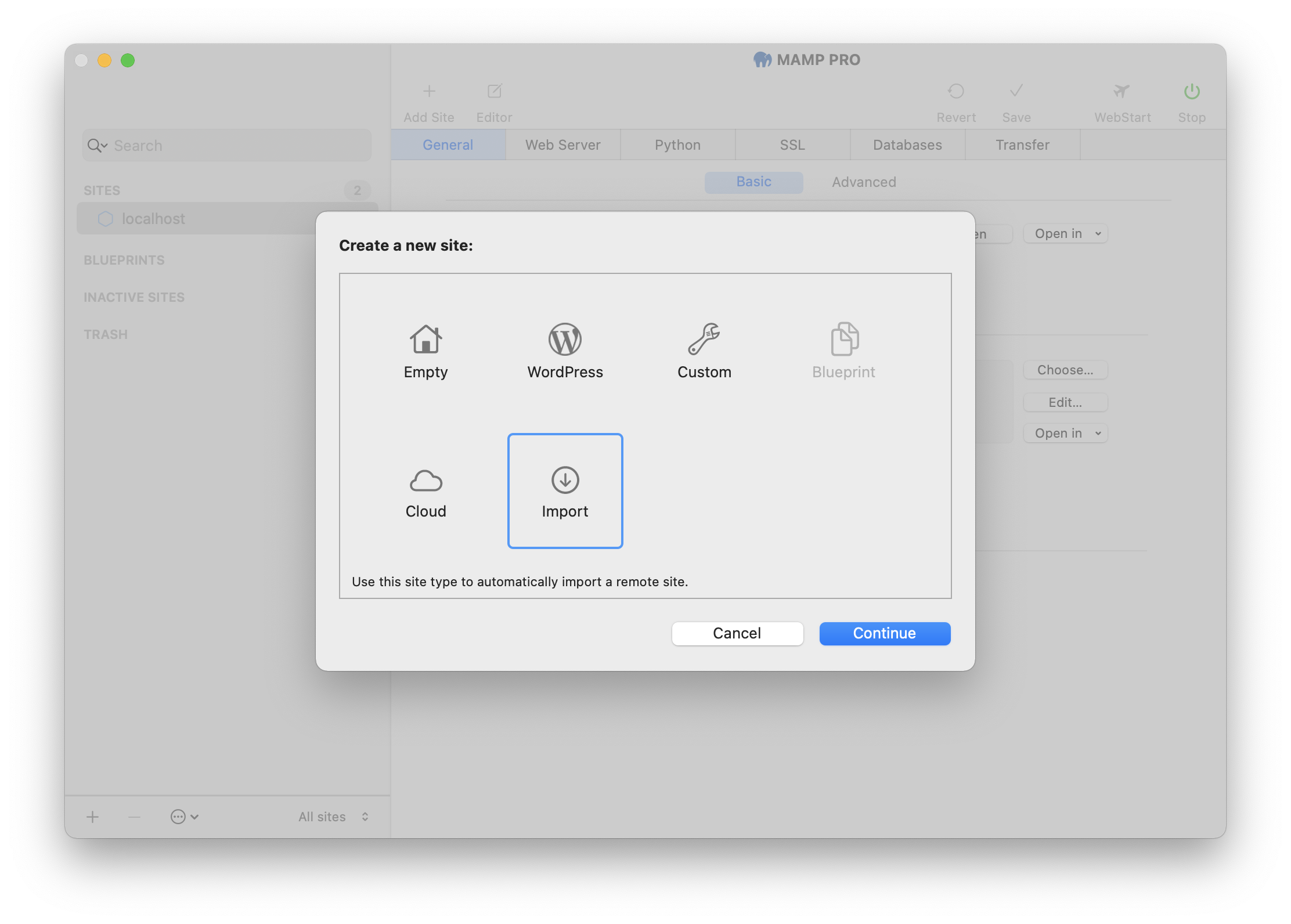 MAMP PRO - Create a new Import site