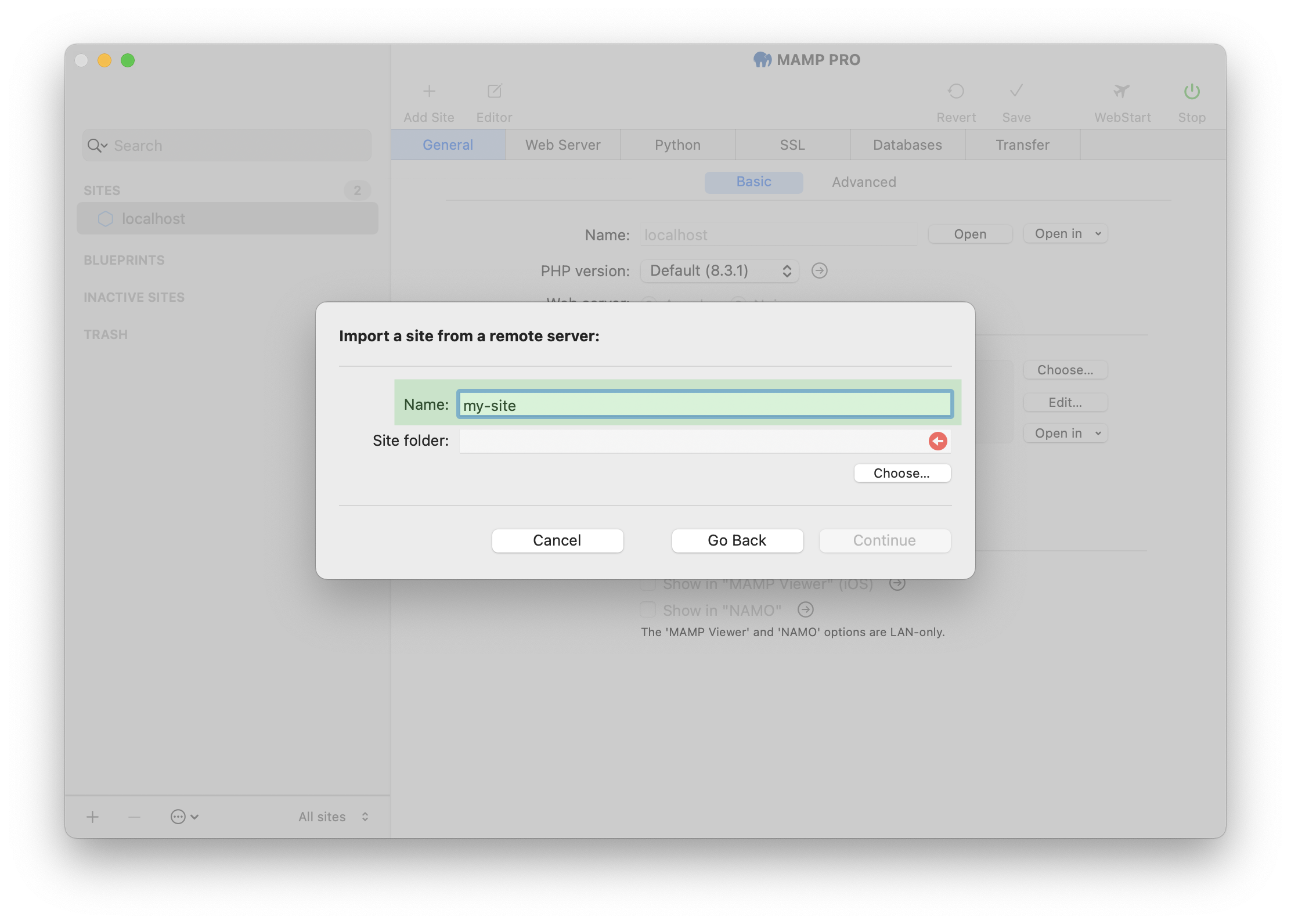MAMP PRO - Create a new Import site - Enter the name