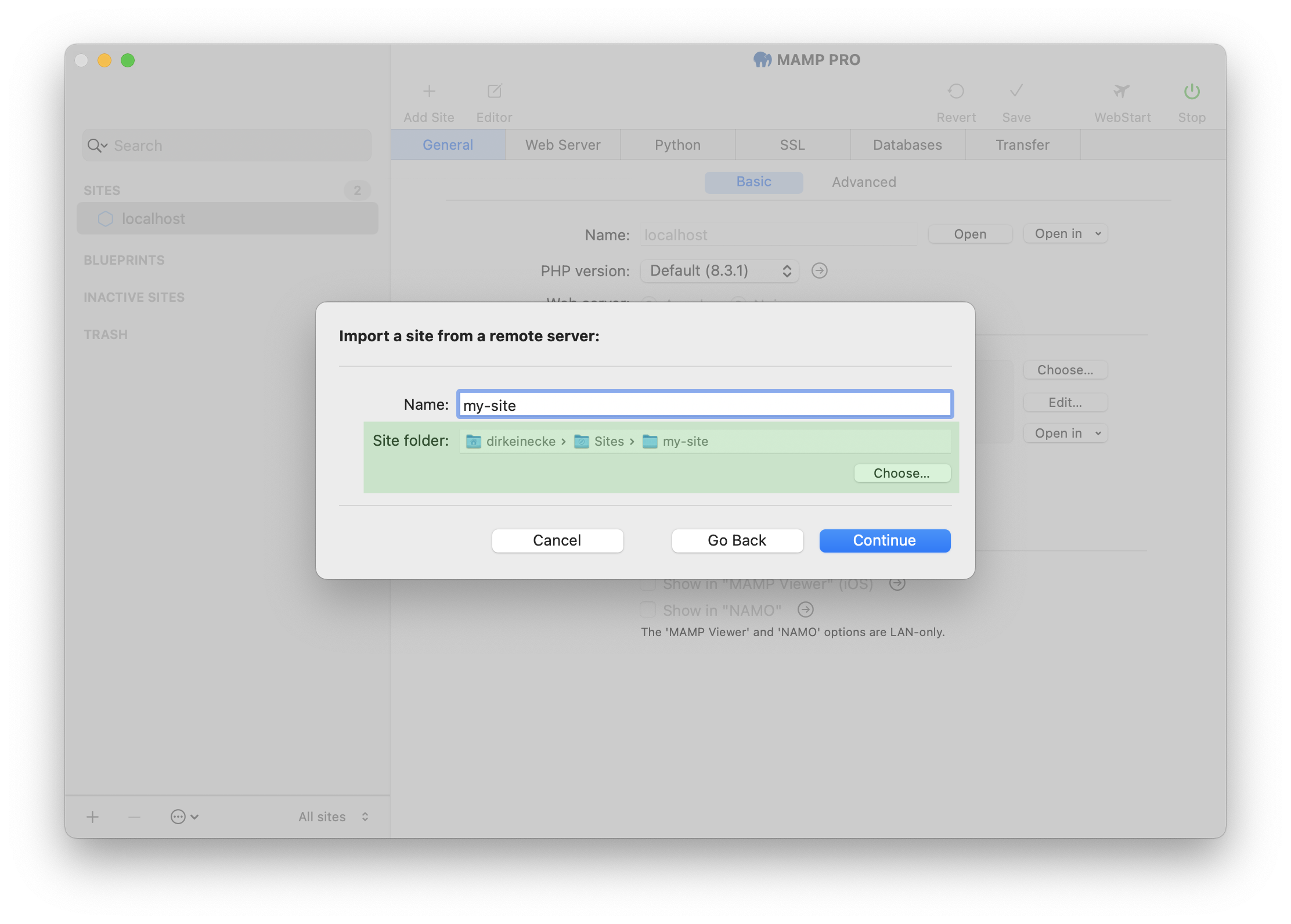 MAMP PRO - Create a new Import site - Select site folder