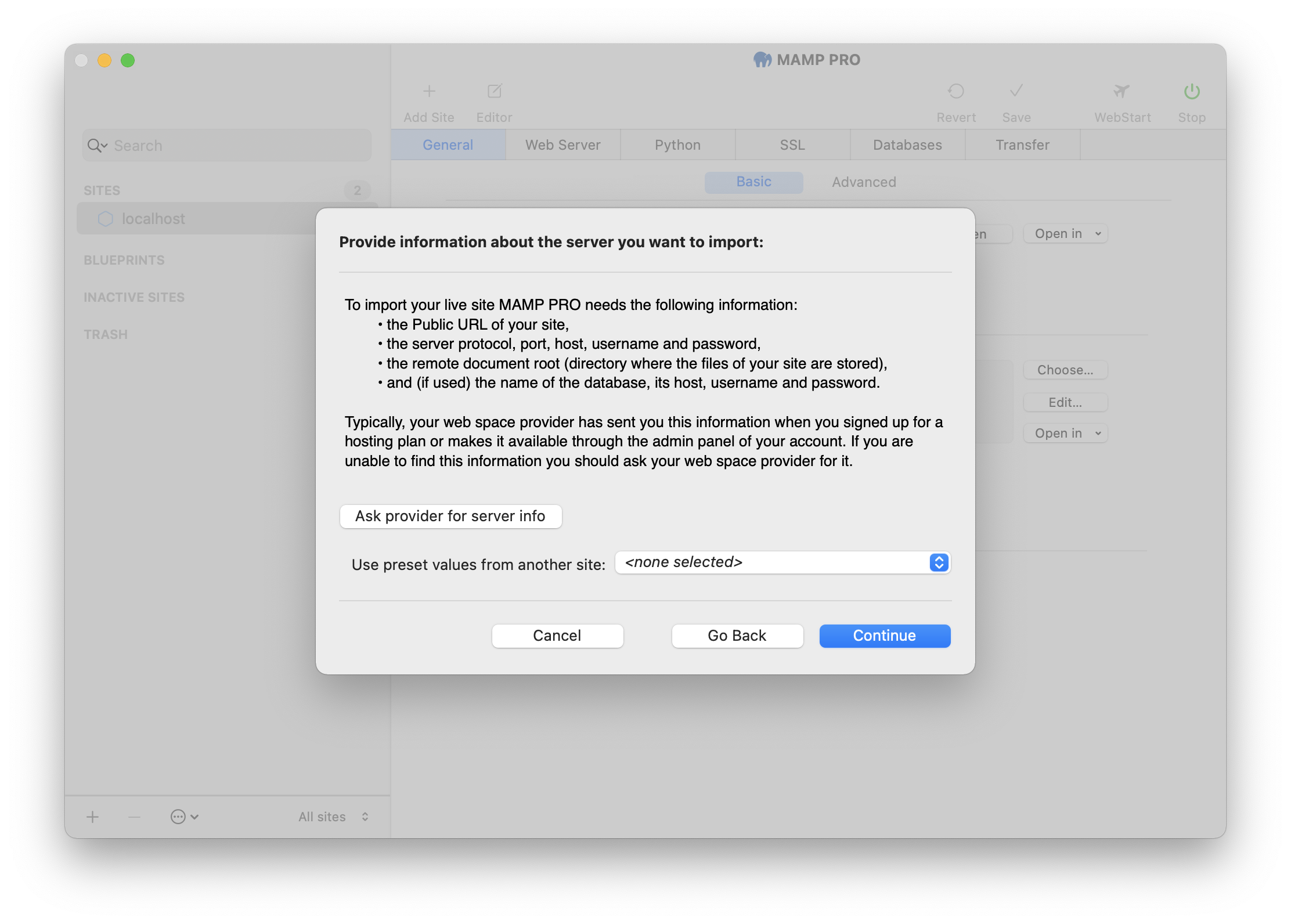 MAMP PRO - Create a new Import site - Information about remote data