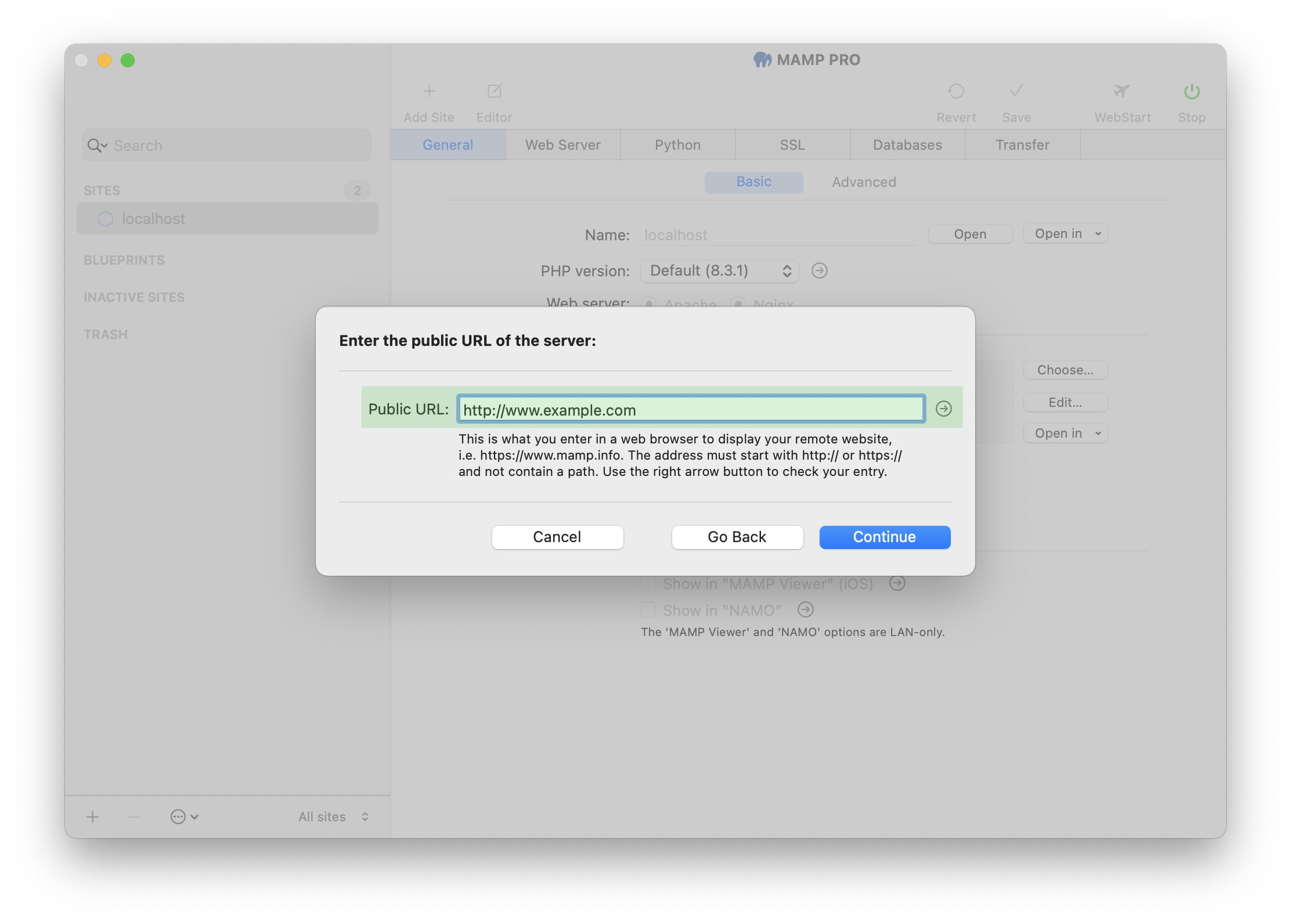 MAMP PRO - Create a new Import site - Remote data - Public URL