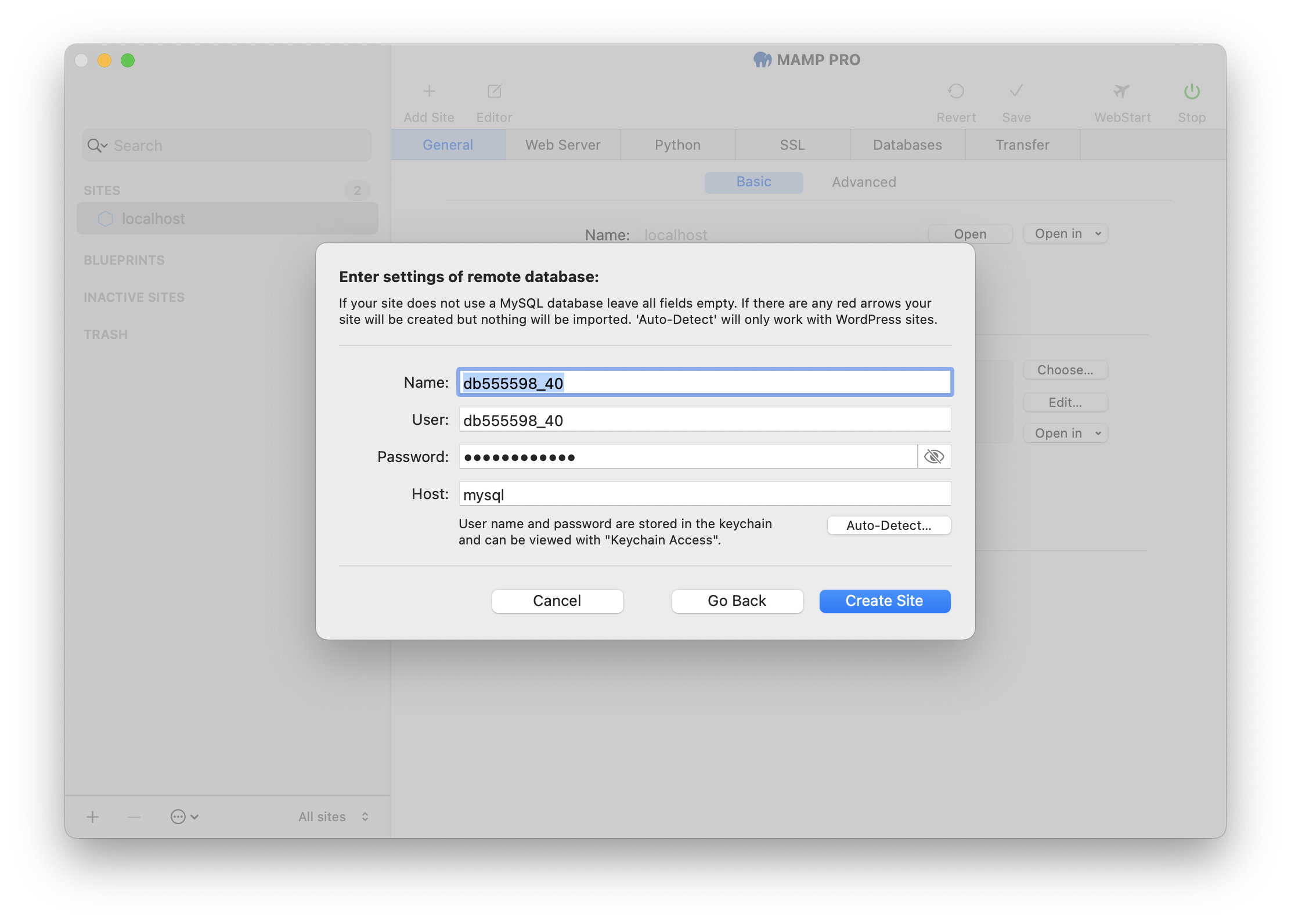 MAMP PRO - Create a new Import site - Remote data - Database settings