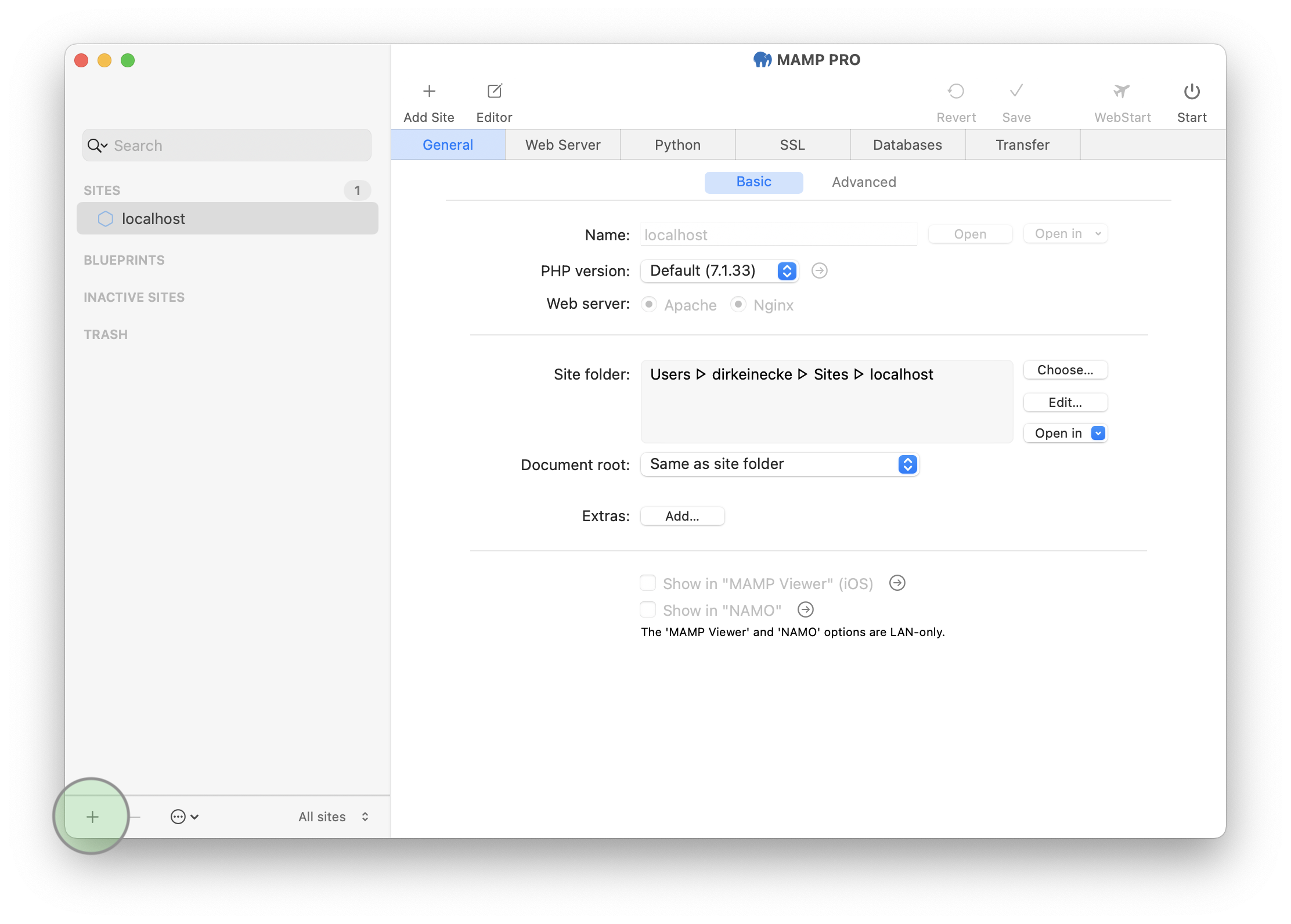 MAMP PRO - Sites - Create a new site