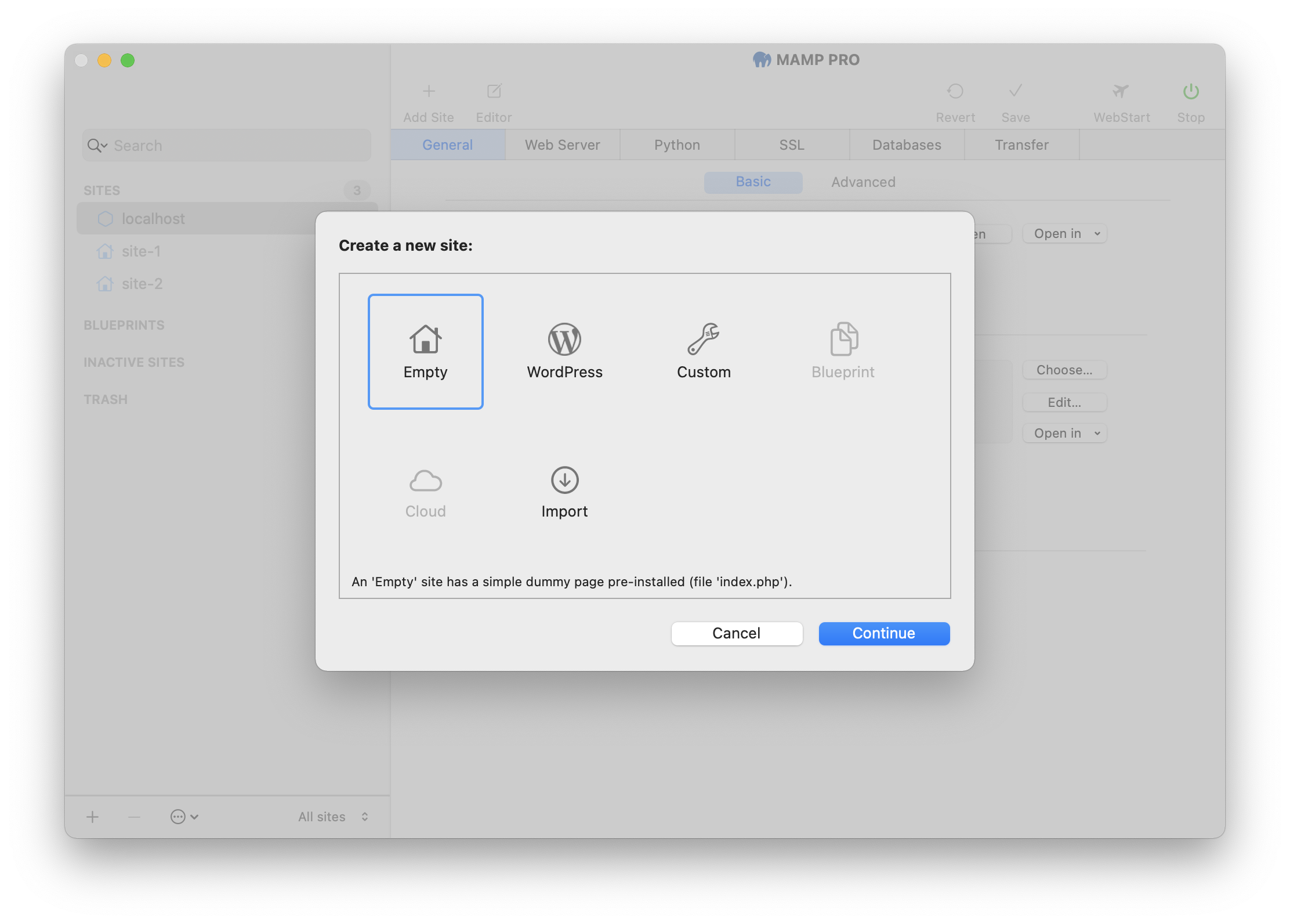 MAMP PRO - Sites - Create a new site