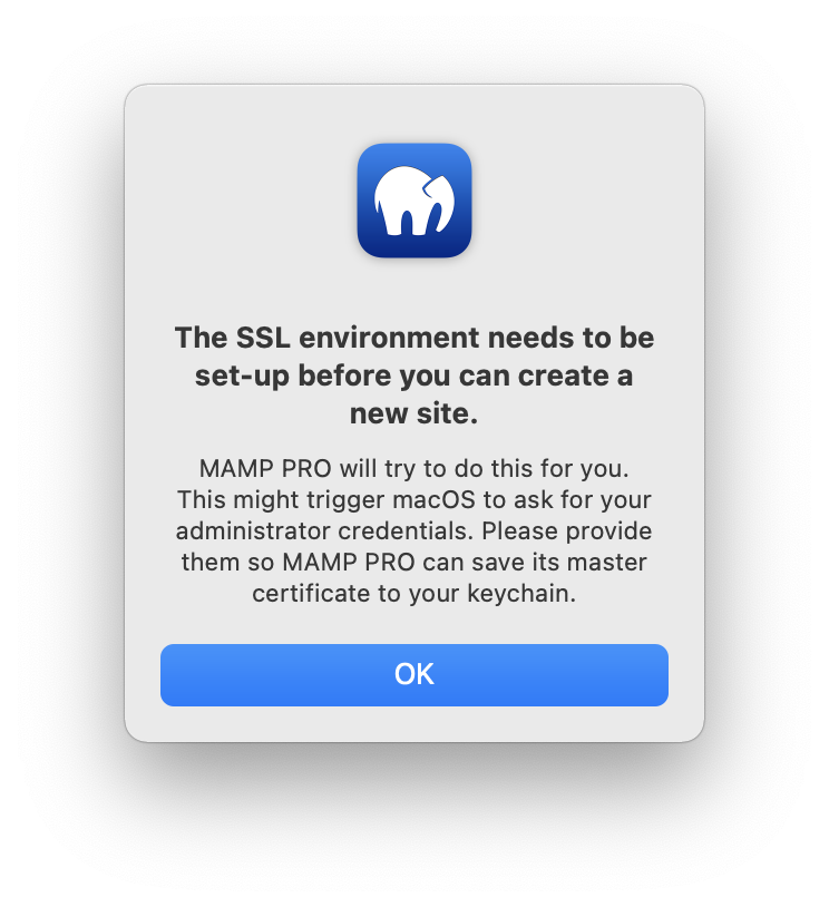 MAMP PRO - The SSL environment needs to be set-up before you can create a new site.