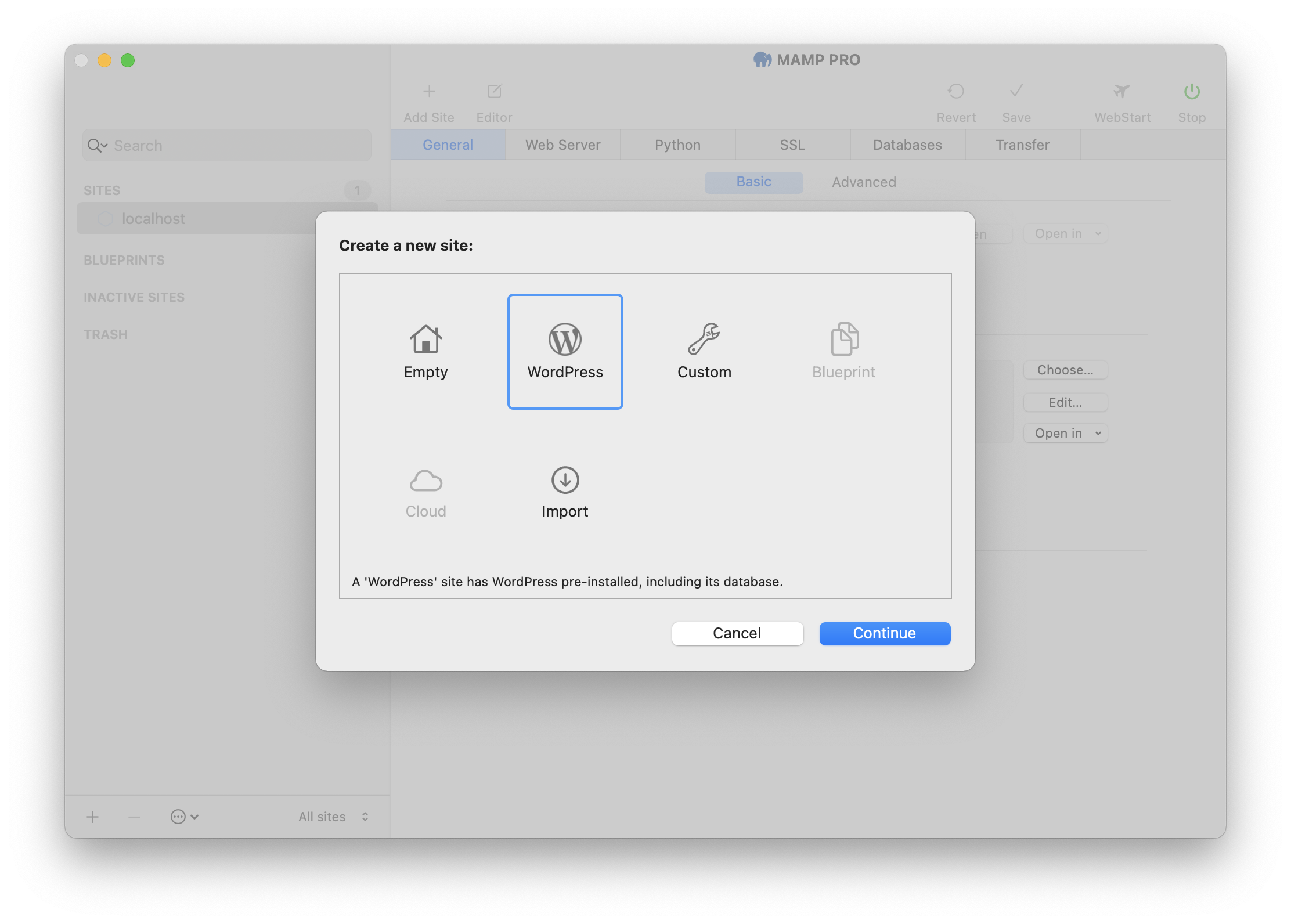 MAMP PRO - Create a new WordPress site
