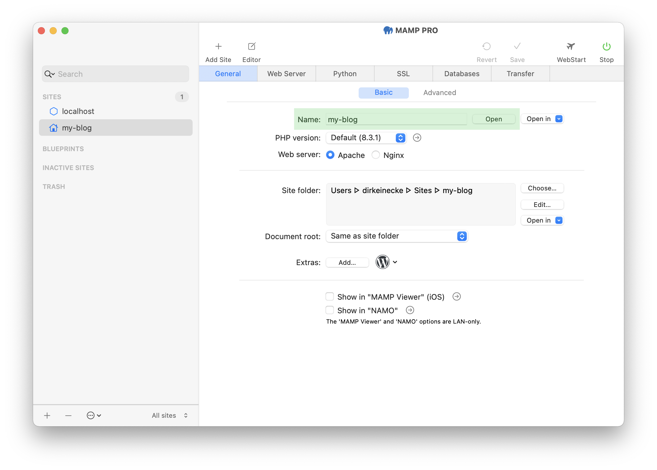 MAMP PRO - Create a new WordPress site - Open WordPress site