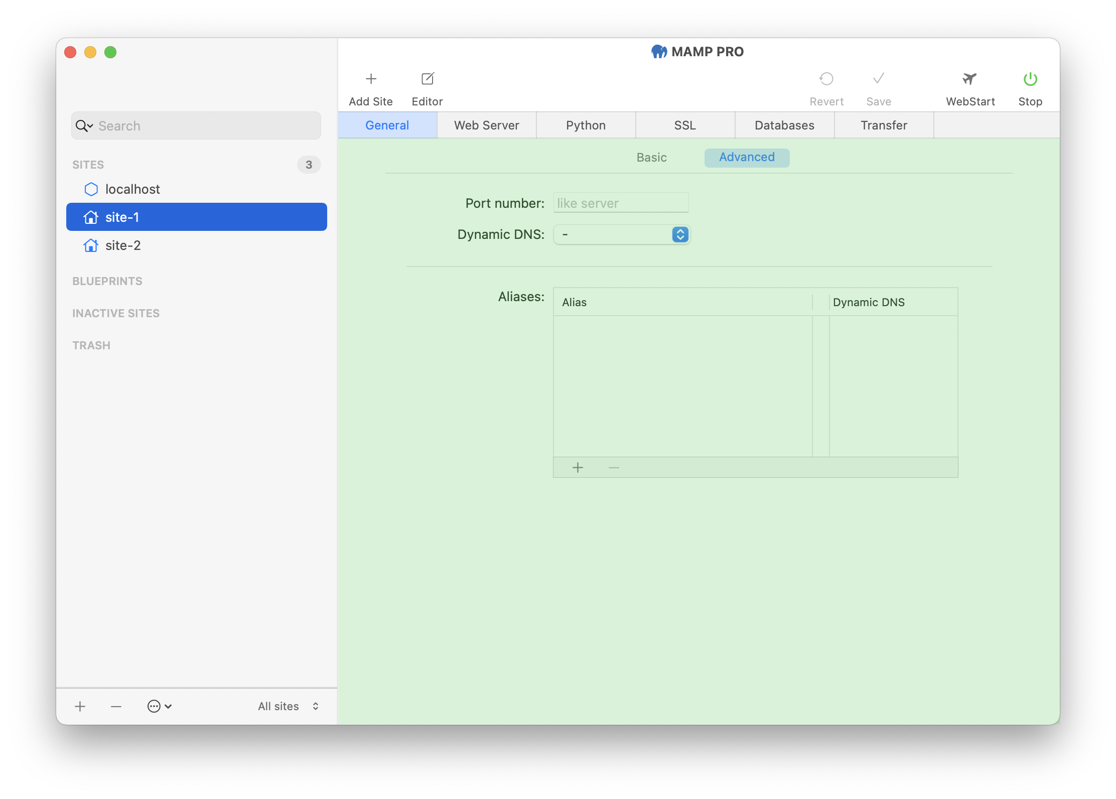 MAMP PRO - Sites - Site - General - Advanced
