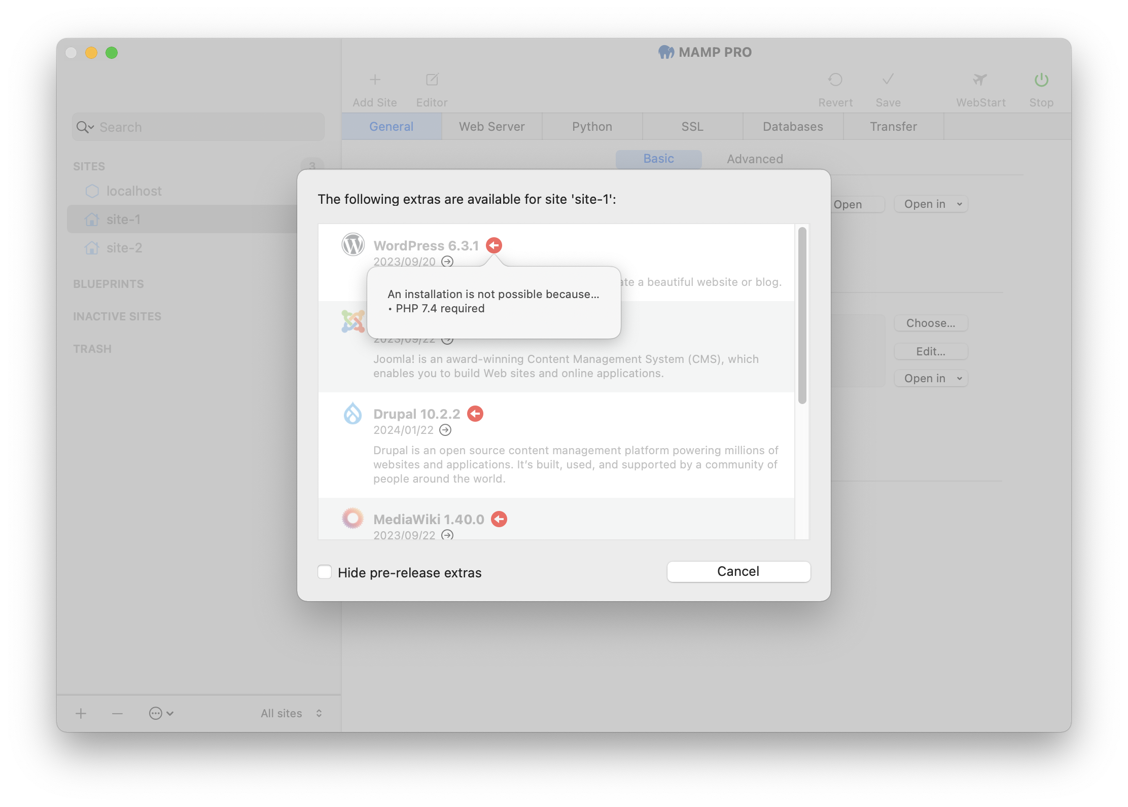 MAMP PRO - Sites - Site - General - Basic - Extras installation not possible