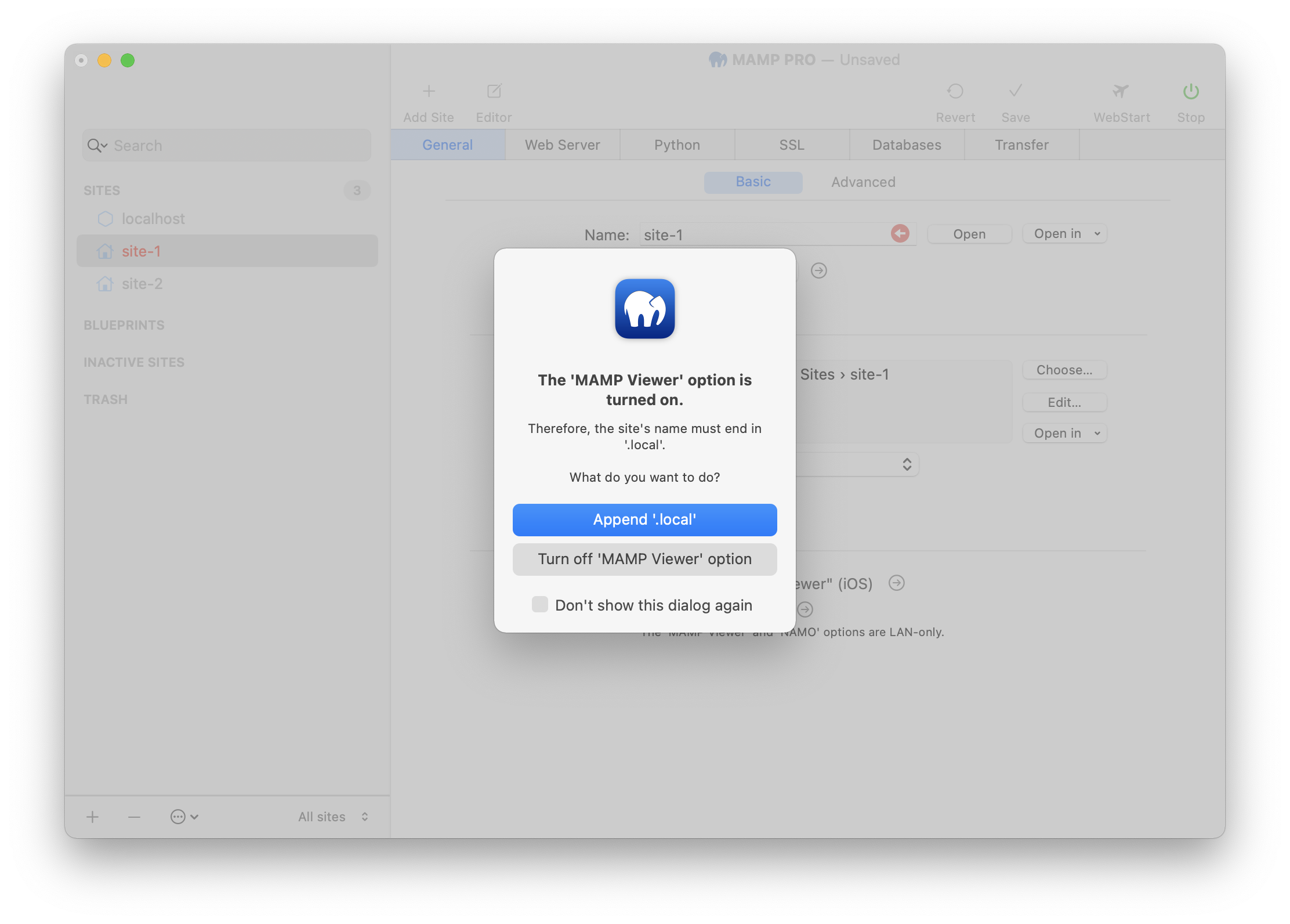 MAMP PRO - Sites - Site - General - Basic - Show in "MAMP Viewer" (iOS)