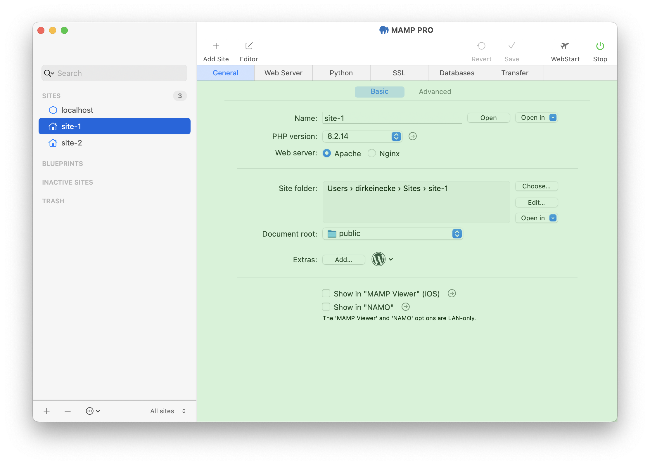 MAMP PRO - Sites - Site - General - Basic