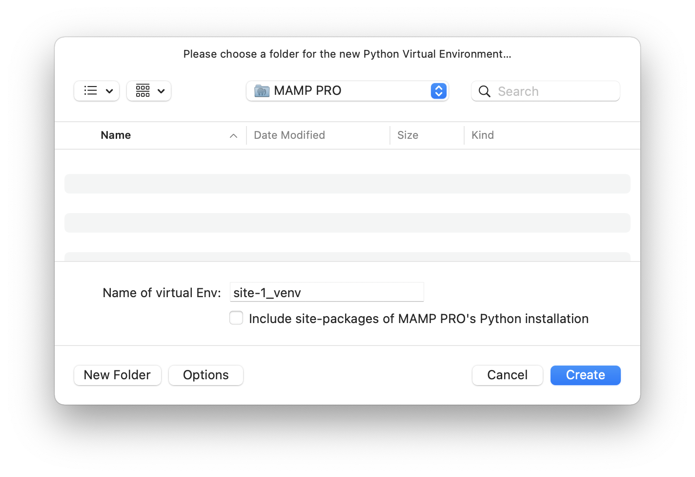 MAMP PRO - Sites - Site - Python - create virtual environment