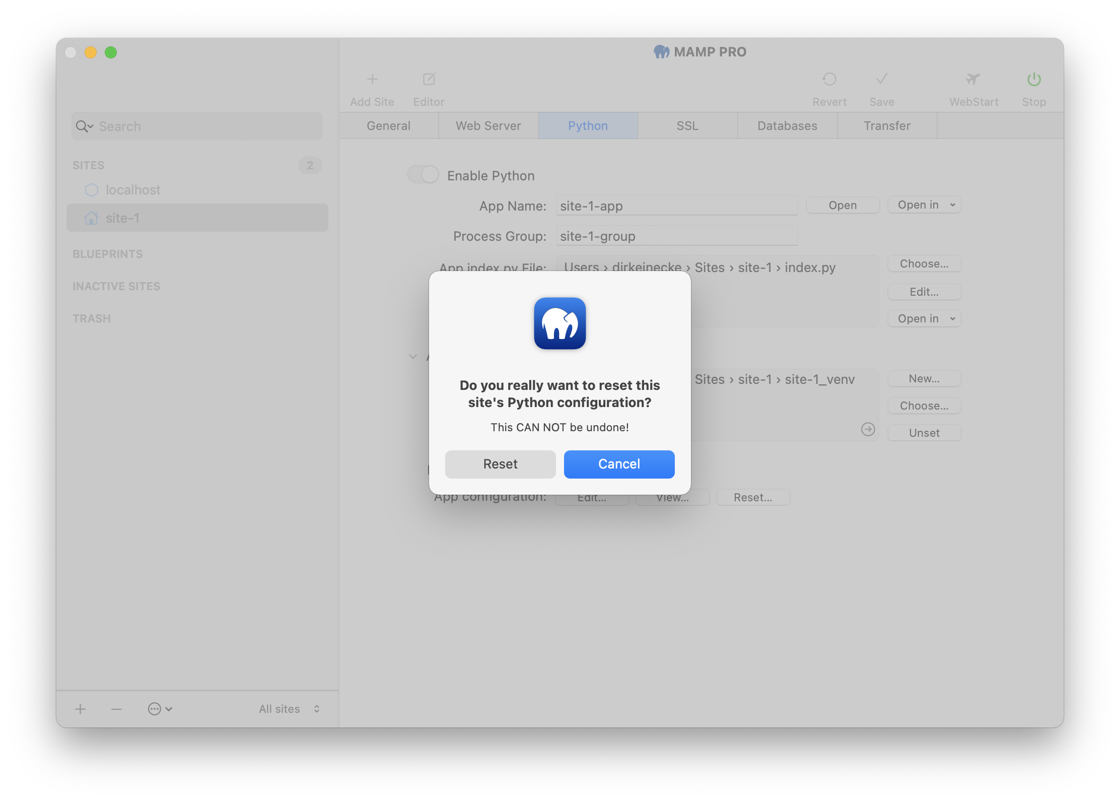MAMP PRO - Sites - Site - Python - Directive Directory in http.conf - Reset
