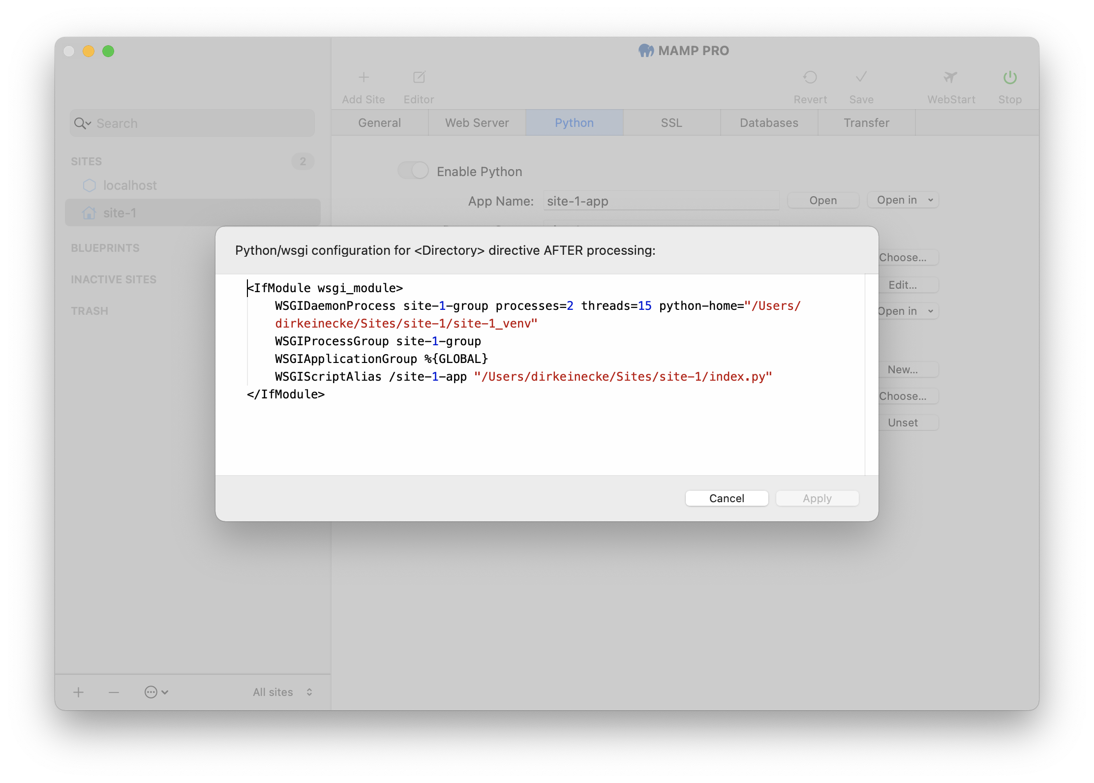 MAMP PRO - Sites - Site - Python - Directive Directory in http.conf - View