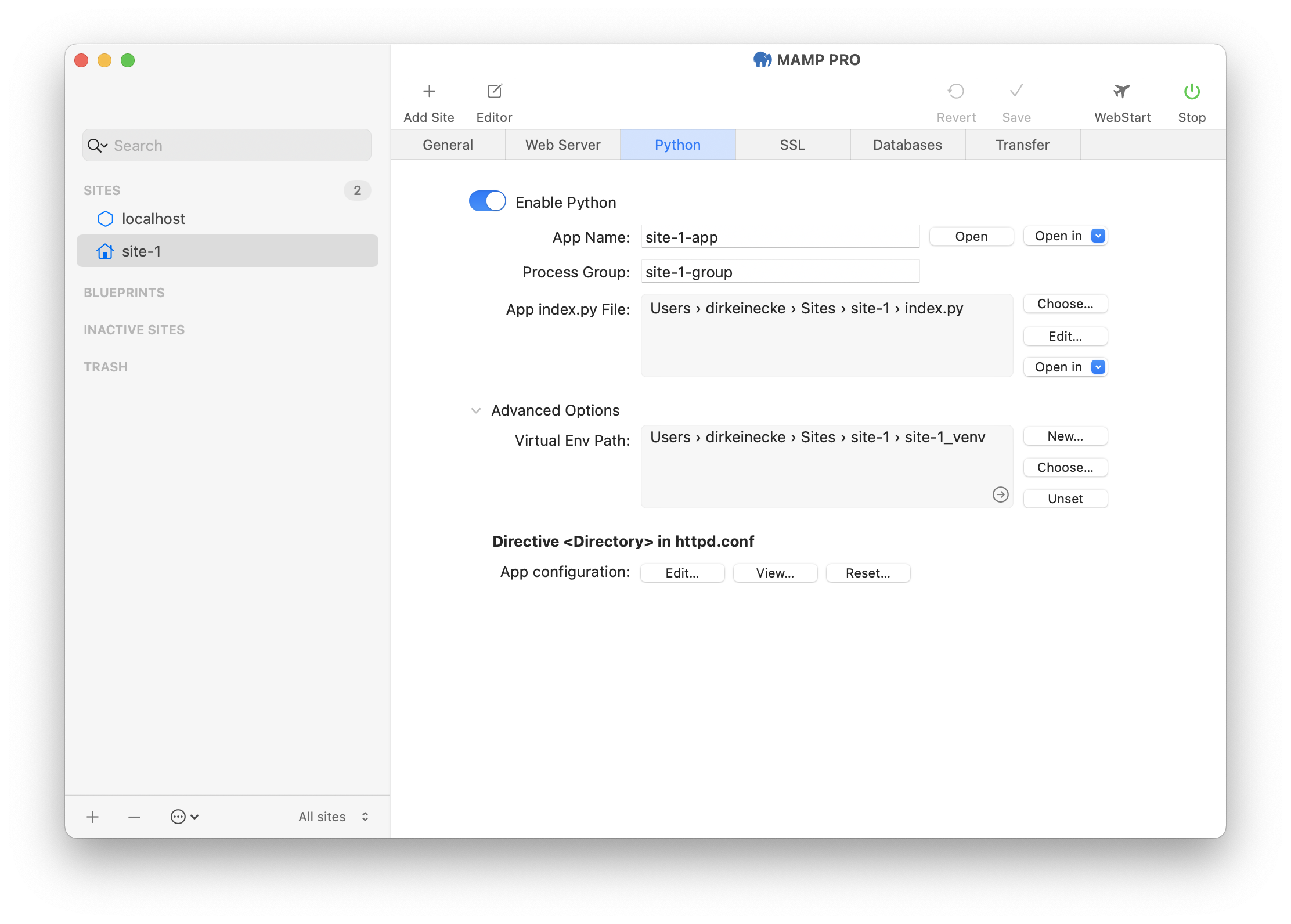MAMP PRO - Sites - Site - Python
