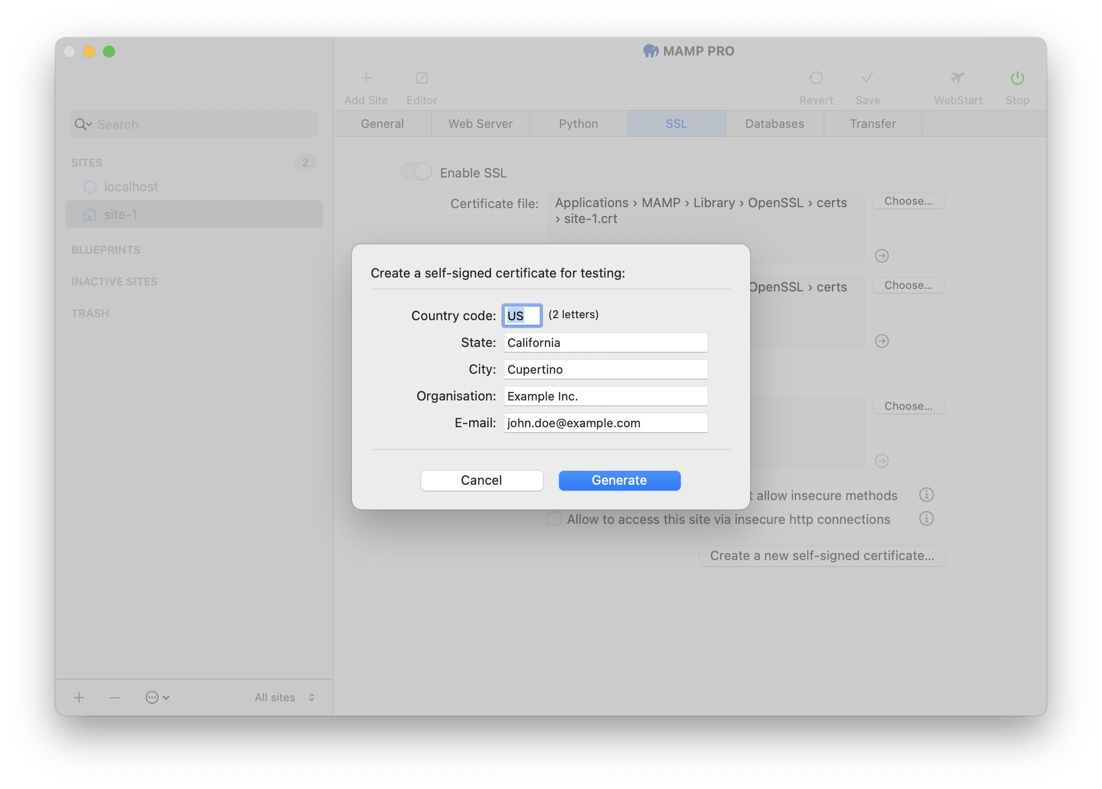 MAMP PRO - SSL - Create a new self-signed certificate