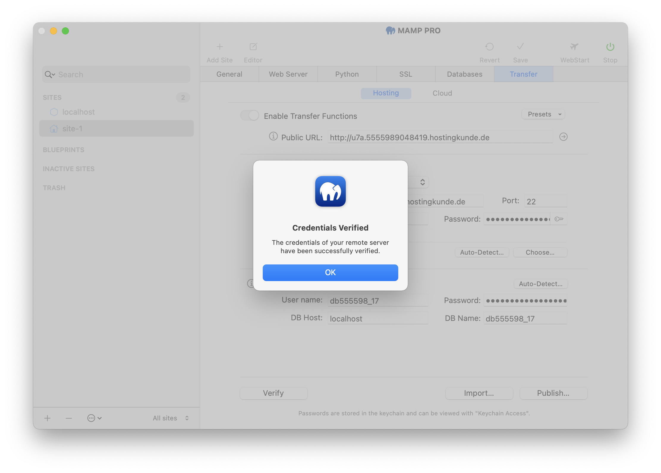 MAMP PRO - Sites - Site - Transfer - Hosting - Verify - Credentials Verified