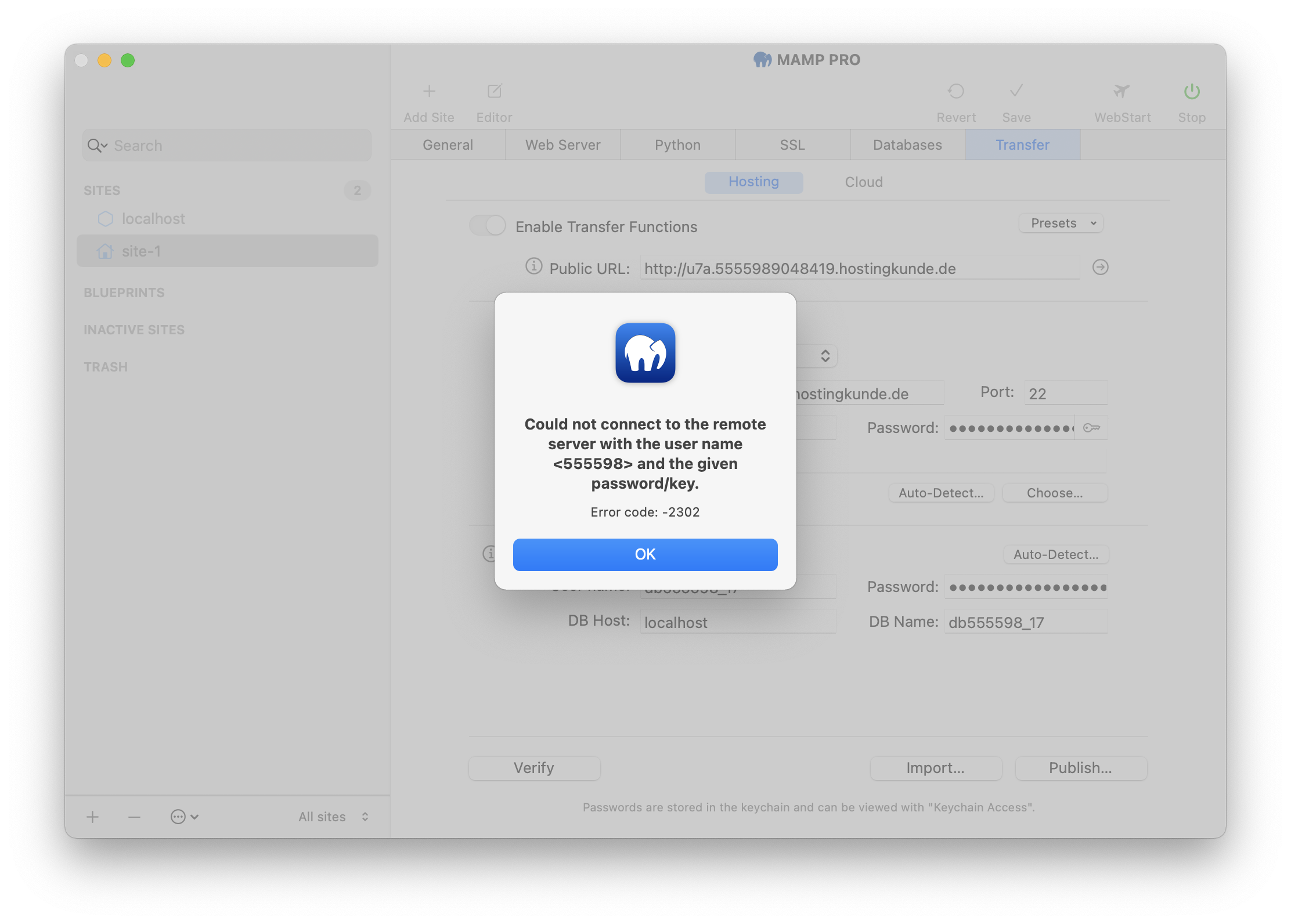 MAMP PRO - Sites - Site - Transfer - Hosting - Verify - FTP problem