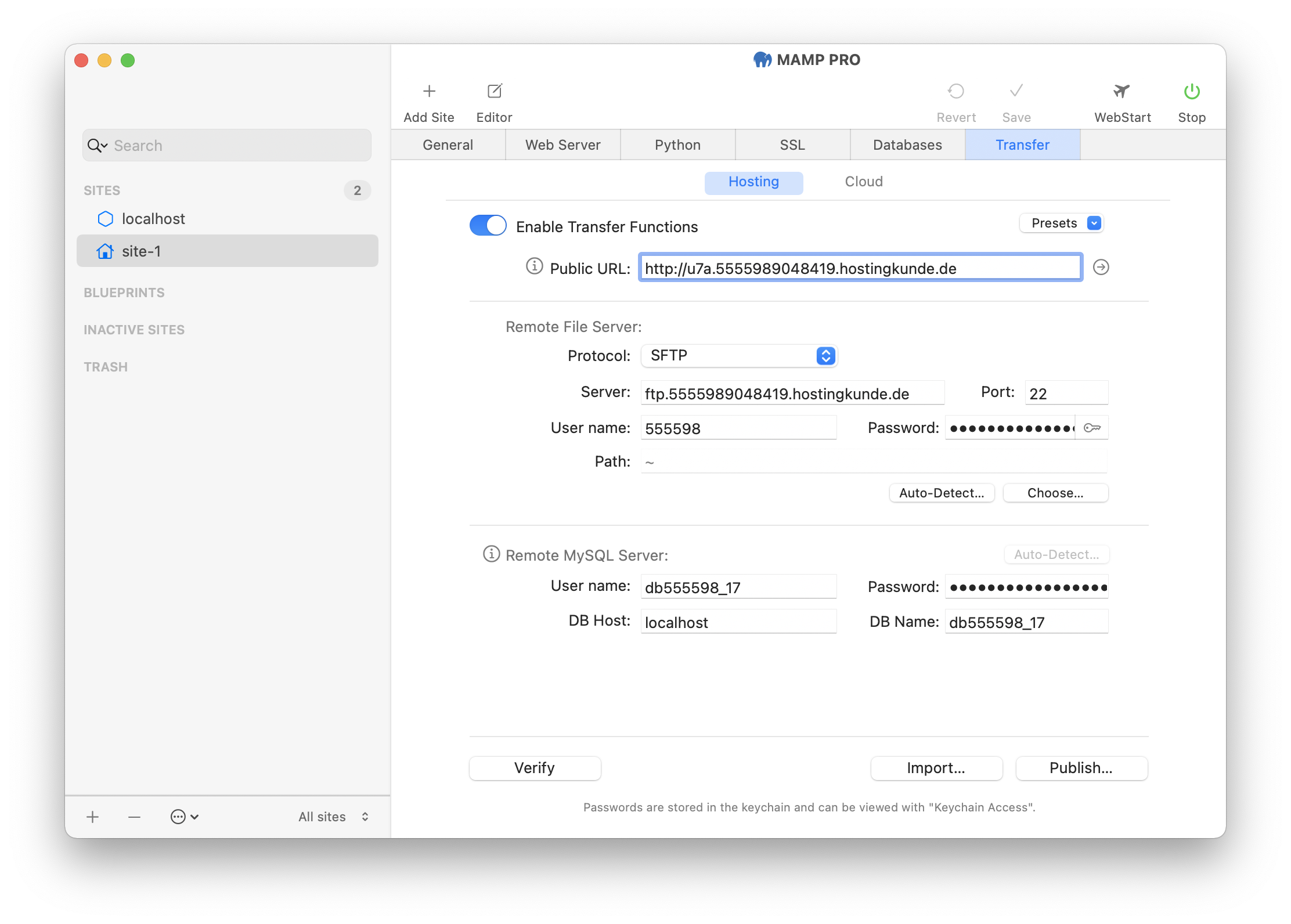 MAMP PRO - Sites - Site - Transfer - Hosting