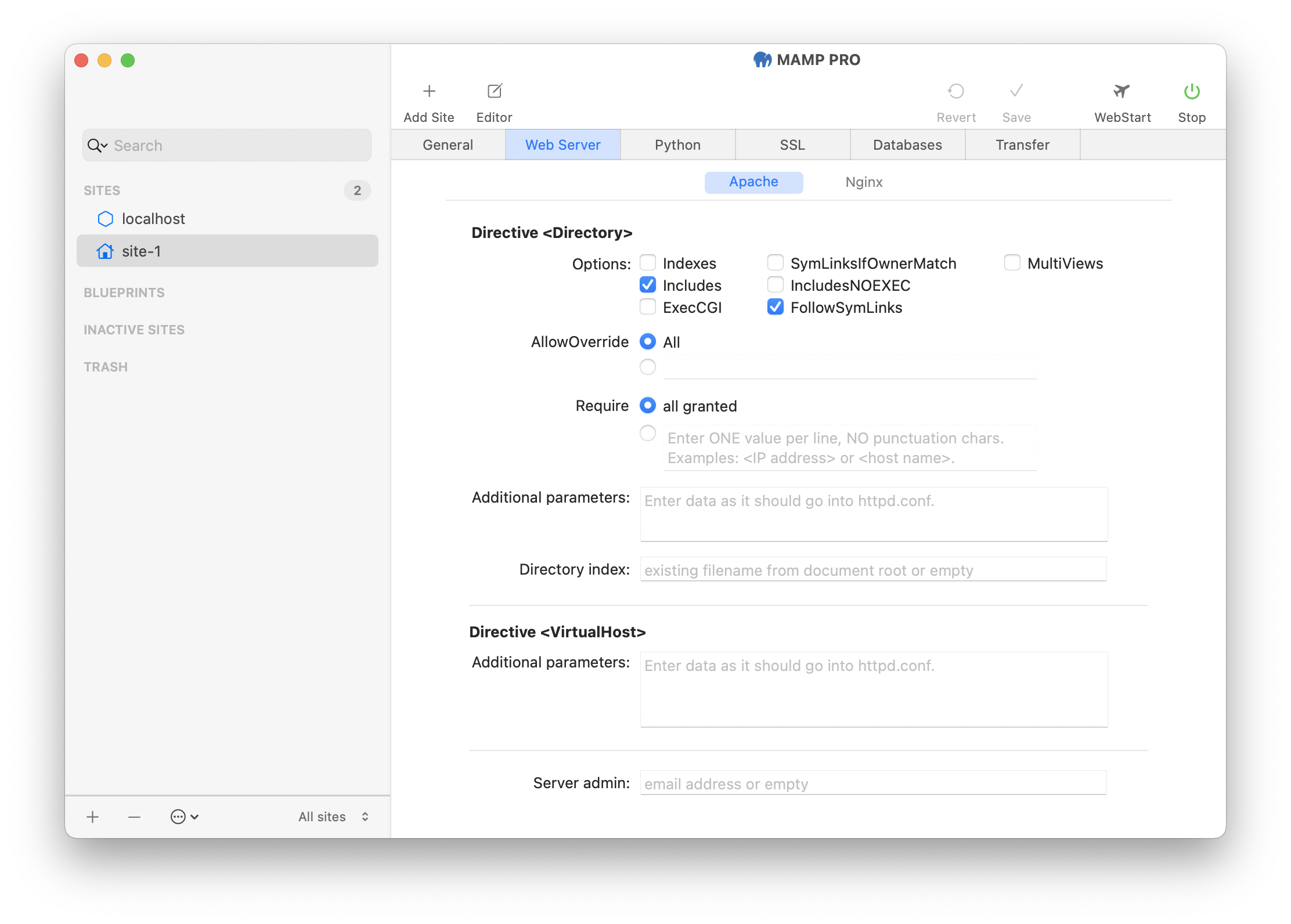 MAMP PRO - Sites - Site - Web Server - Apache