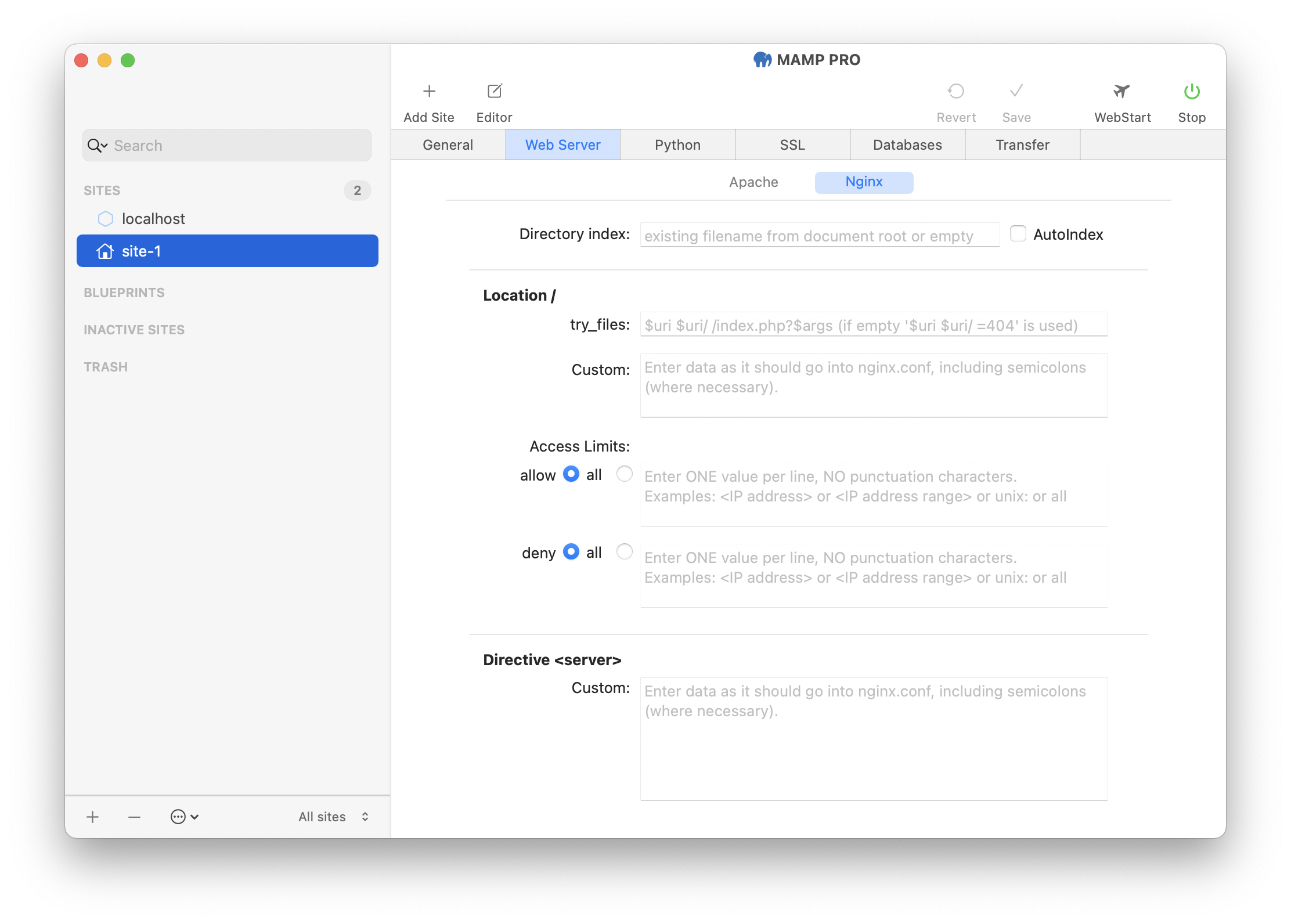 MAMP PRO - Sites - Site - Web Server - Nginx