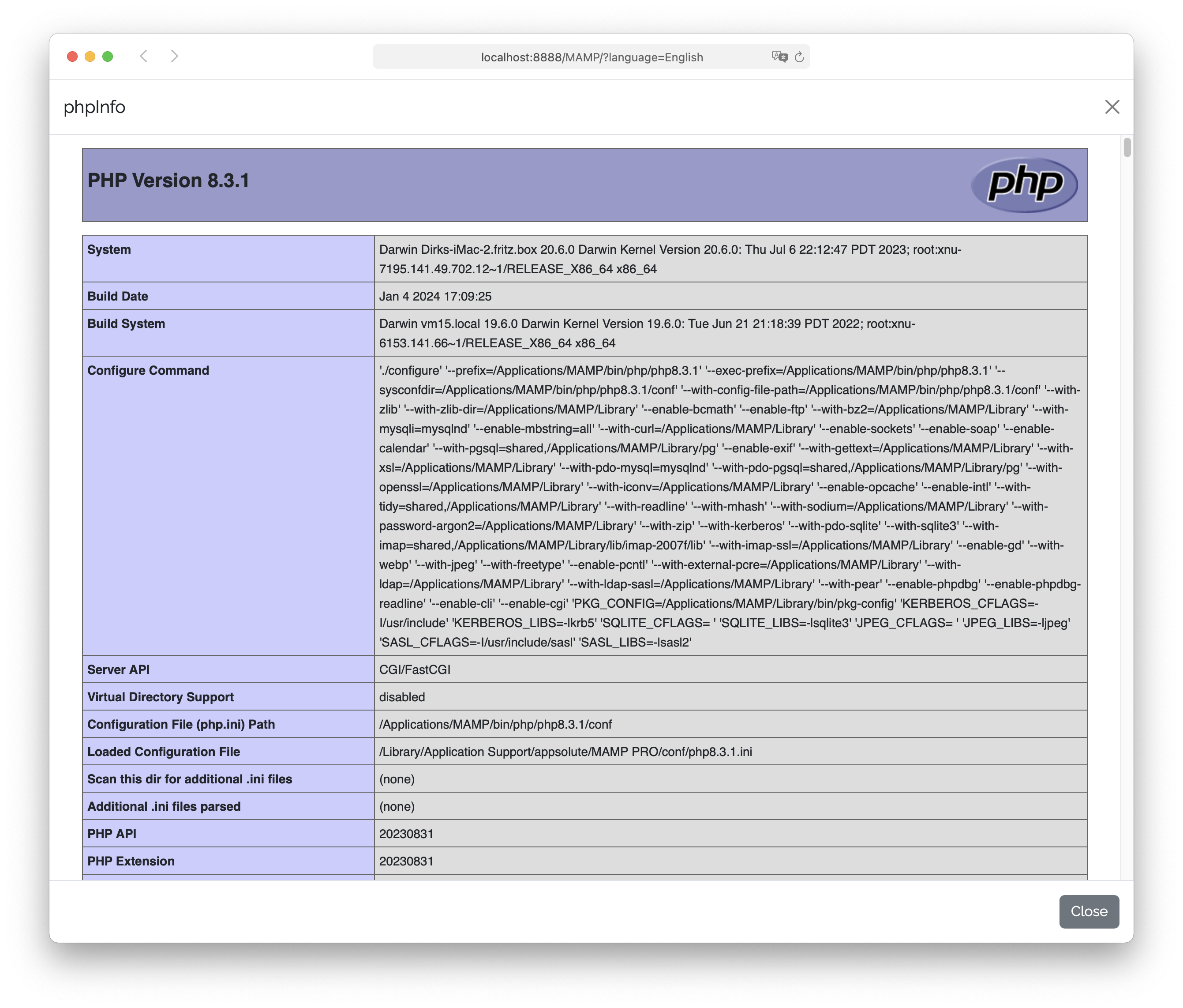 MAMP PRO - WebStart - phpInfo